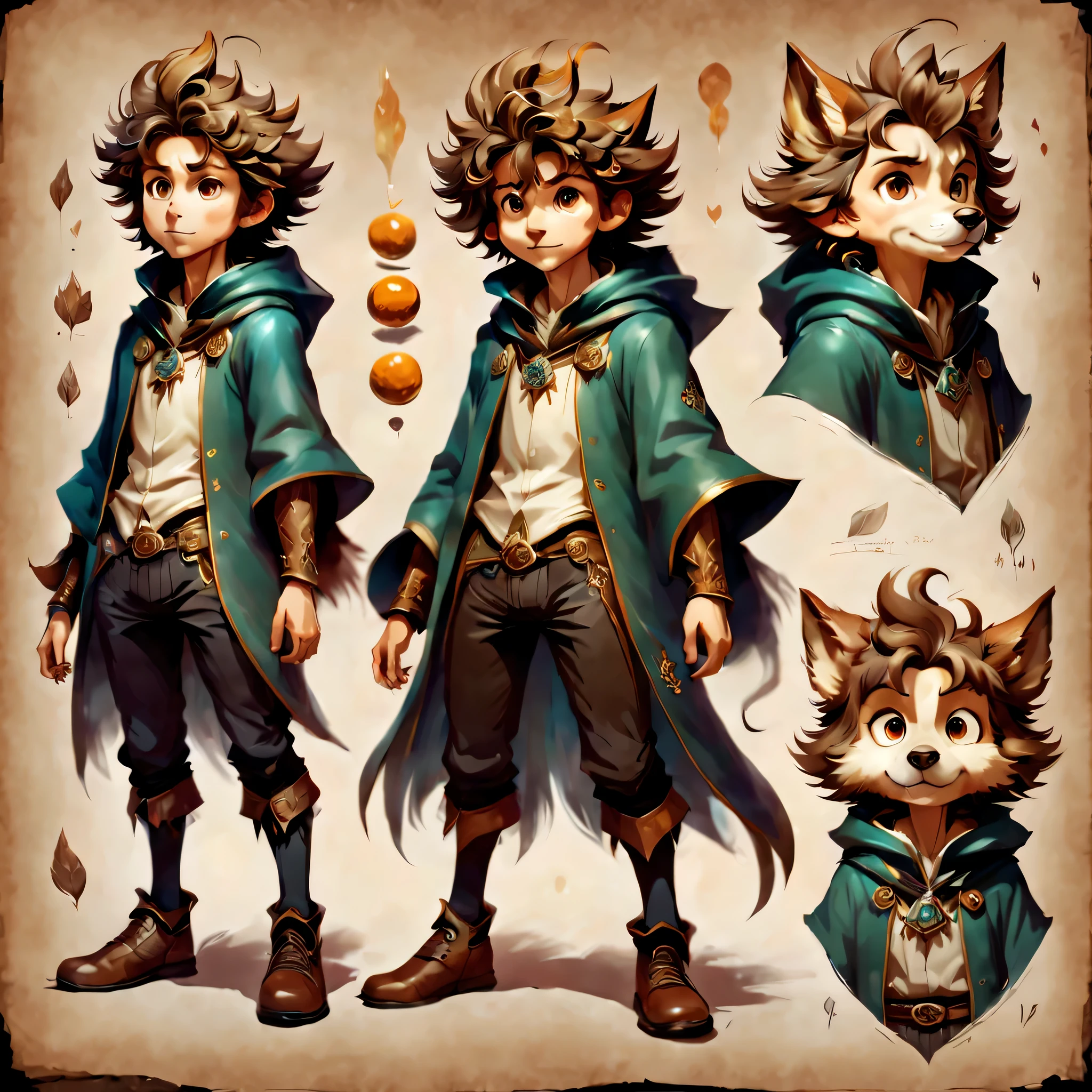 Create an original character design sheet,anime main character,boy,wizard,natural perm,my partner is a wolf,((3 views,whole body, background,multiple views,High resolution)),be familiar with,multiple views,Active,action pose,dynamic,nice,cute,masterpiece,highest quality,In detail,gracefully,sketch,sketch,ラフsketch,propose