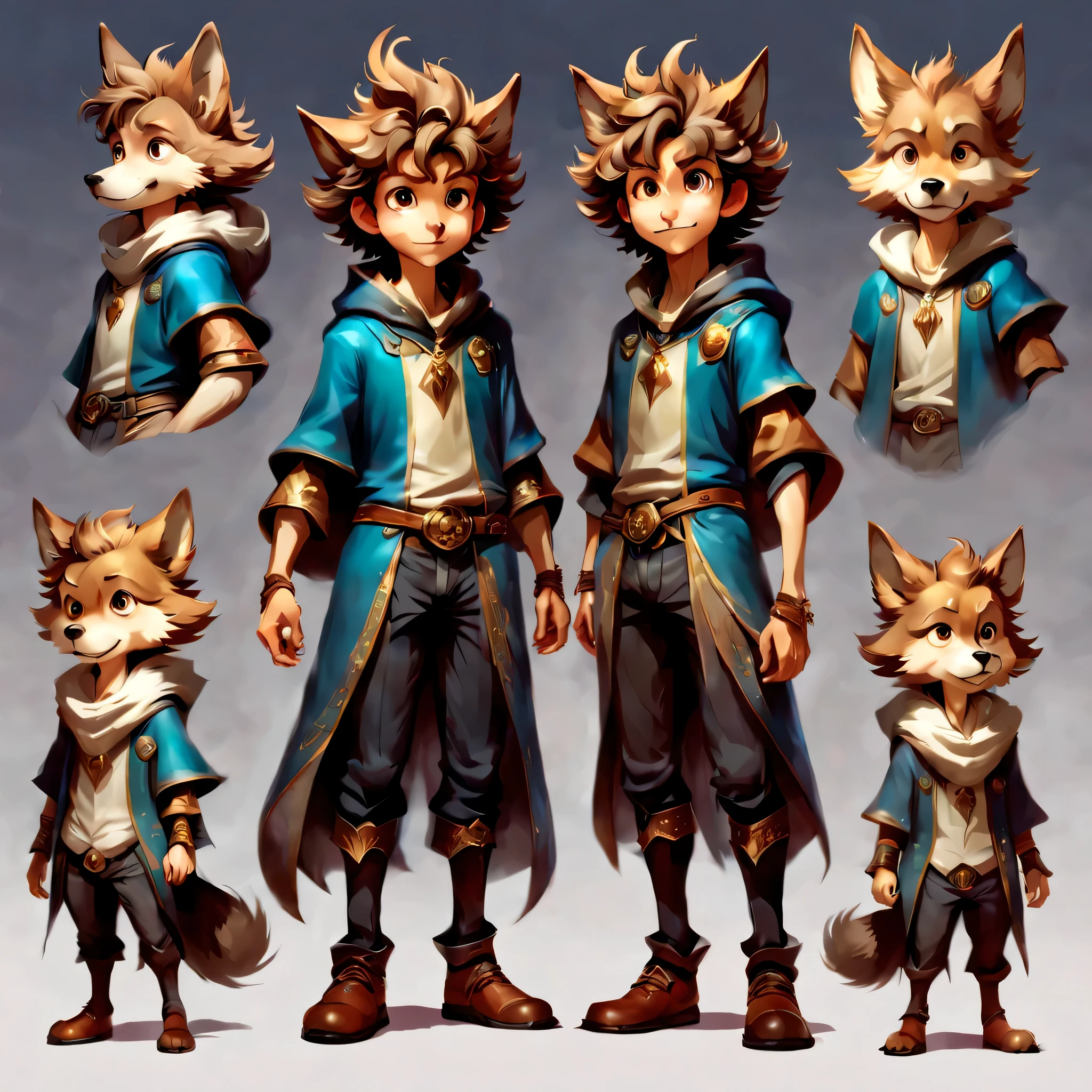 Create an original character design sheet,anime main character,boy,wizard,natural perm,my partner is a wolf,((3 views,whole body, background,multiple views,High resolution)),be familiar with,multiple views,Active,action pose,dynamic,nice,cute,masterpiece,highest quality,In detail,gracefully,sketch,sketch,ラフsketch,propose