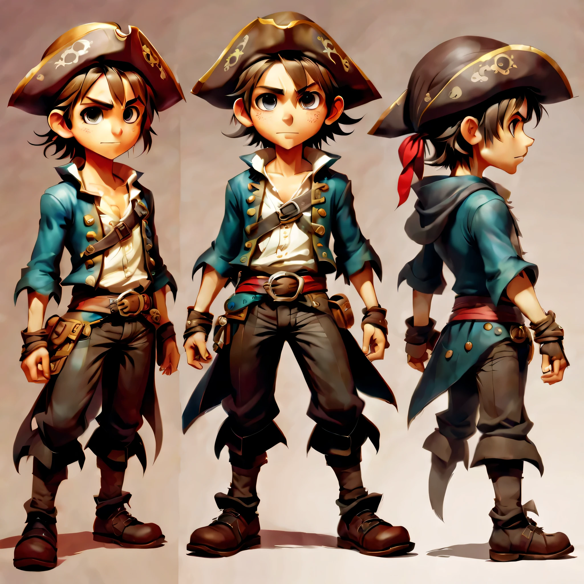 Create an original character design sheet,anime main character,boy,pirate clothes,((3 views,whole body, background,multiple views,High resolution)),be familiar with,multiple views,Active,action pose,dynamic,nice,cute,masterpiece,highest quality,In detail,gracefully,sketch,sketch,ラフsketch,propose