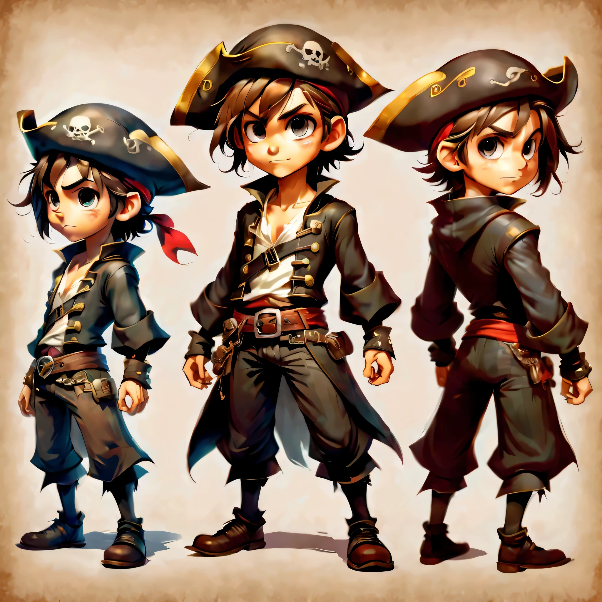 Create an original character design sheet,anime main character,boy,pirate clothes,((3 views,whole body, background,multiple views,High resolution)),be familiar with,multiple views,Active,action pose,dynamic,nice,cute,masterpiece,highest quality,In detail,gracefully,sketch,sketch,ラフsketch,propose