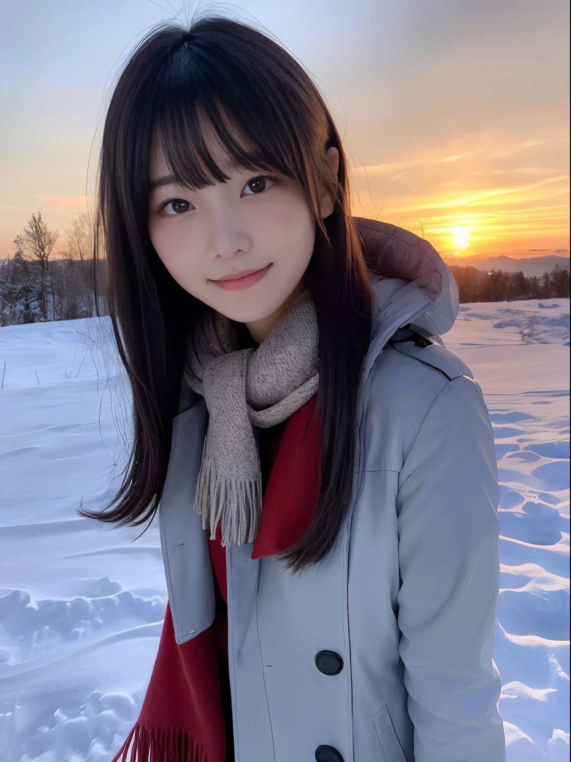 (Dressed in winter uniform with winter coat and scarf、Close up focus on the face of a slender girl with long hair with blunt bangs :1.5)、smiling girl:1.5)、Scarf、light shines on your face、(Girl's hair fluttering in the wind:1.5)、(Beautiful snowy sunset red sky:1.5)、(no mask:1.3)、(full finger:1.3)、realistic、High resolution, delicate and beautiful、perfect face、detailed and beautiful eyes、Fair skin、real human skin、pores、((thin legs))、(black hair)、Stylish and beautiful legs