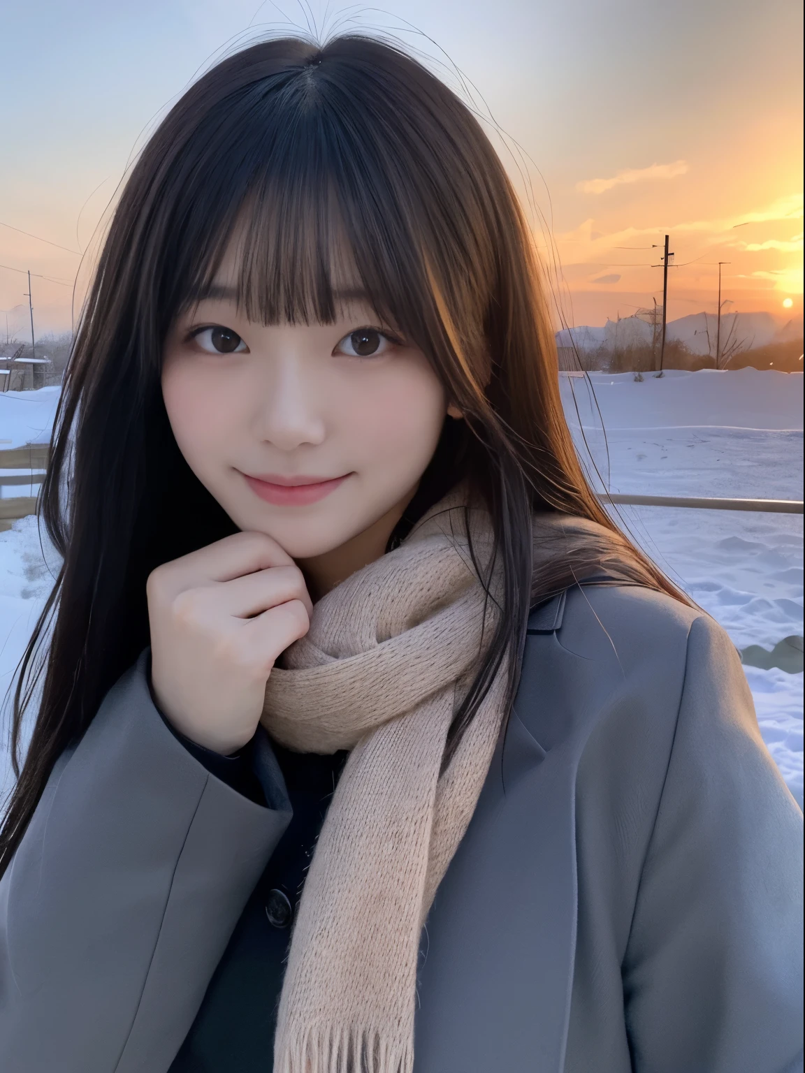 (Dressed in winter uniform with winter coat and scarf、Close up focus on the face of a slender girl with long hair with blunt bangs :1.5)、smiling girl:1.5)、Scarf、light shines on your face、(Girl's hair fluttering in the wind:1.5)、(Beautiful snowy sunset red sky:1.5)、(no mask:1.3)、(full finger:1.3)、realistic、High resolution, delicate and beautiful、perfect face、detailed and beautiful eyes、Fair skin、real human skin、pores、((thin legs))、(black hair)、Stylish and beautiful legs
