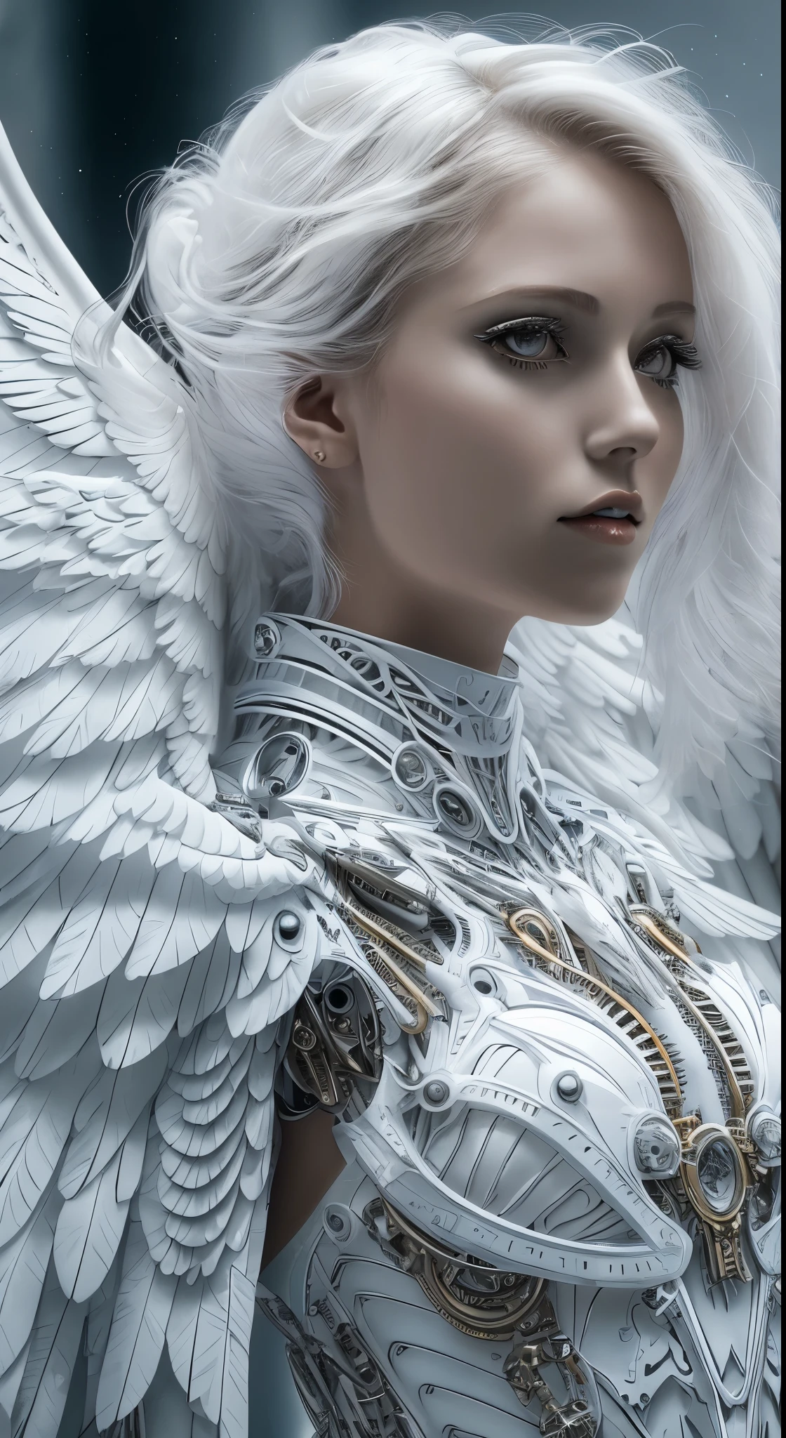 Close-up of a woman in a white dress with wings, full body angel, futuristic robot angel, amazing angel wings, angel knight gothic girl, angel in plastic armor, intricate costume designs, As a mysterious Valkyrie, The whole body is made of white feathers,, futuristic and fantastic, white wings, beautiful angel wings, steampunk angel, beautiful cyborg angel girl, graceful wings