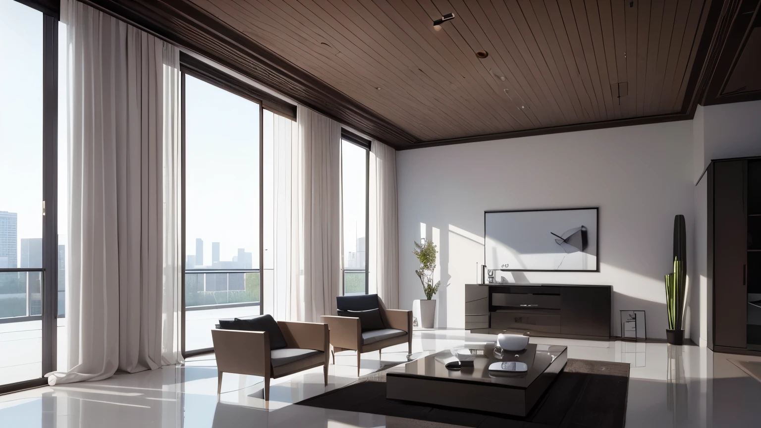 you are a famous interior designer、I was asked to create a 3D image of a large modern room.。. Create a harmonious environment with modern and minimalist furniture. Including garden interior.