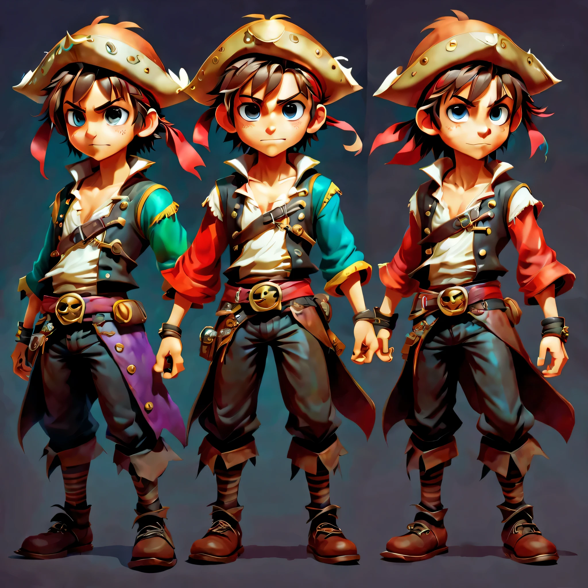 Create an original character design sheet,anime main character,boy,pirate clothes,((3 views,whole body, background,multiple views,High resolution)),be familiar with,multiple views,Active,action pose,dynamic,nice,cute,masterpiece,highest quality,In detail,gracefully,rich colors,colorfulな呪文を唱える,colorful,無地のbackground