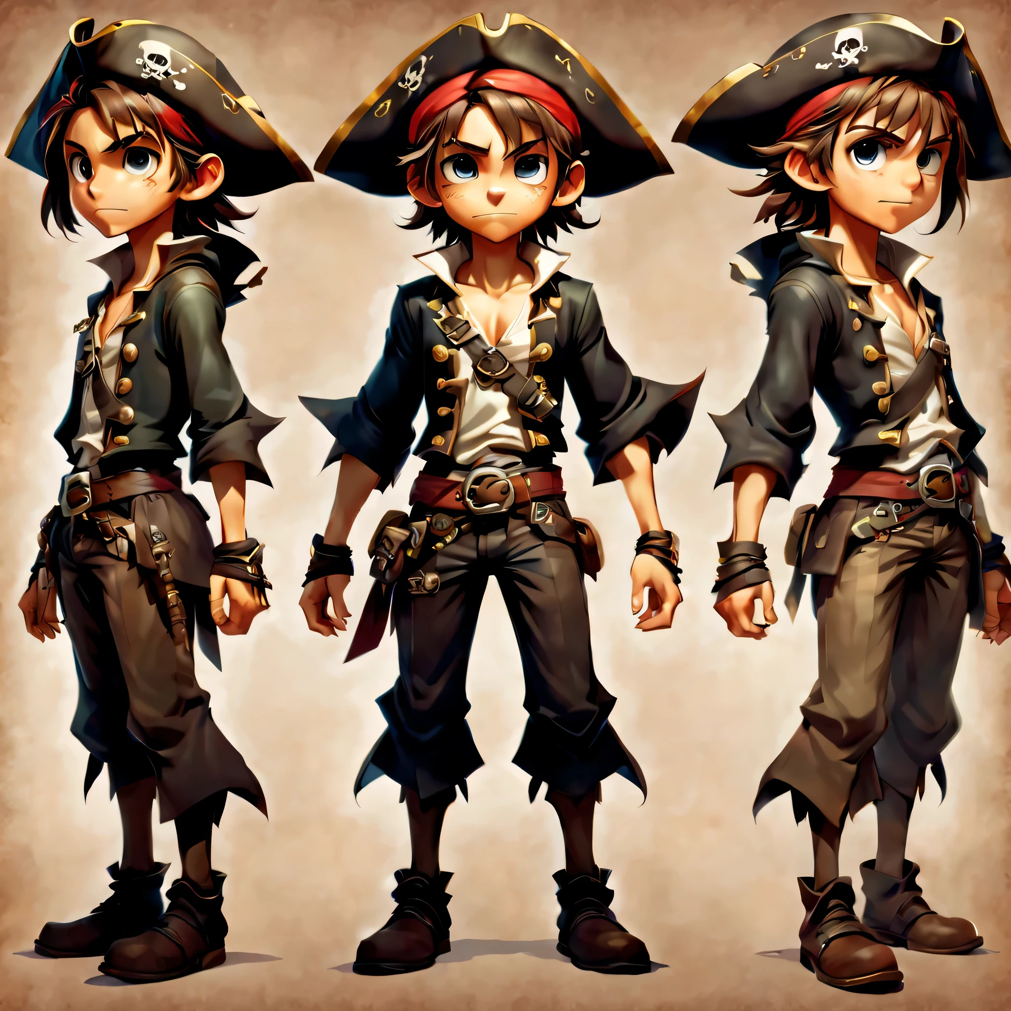 Create an original character design sheet,anime main character,boy,pirate clothes,((3 views,whole body, background,multiple views,High resolution)),be familiar with,multiple views,Active,action pose,dynamic,nice,cute,masterpiece,highest quality,In detail,gracefully