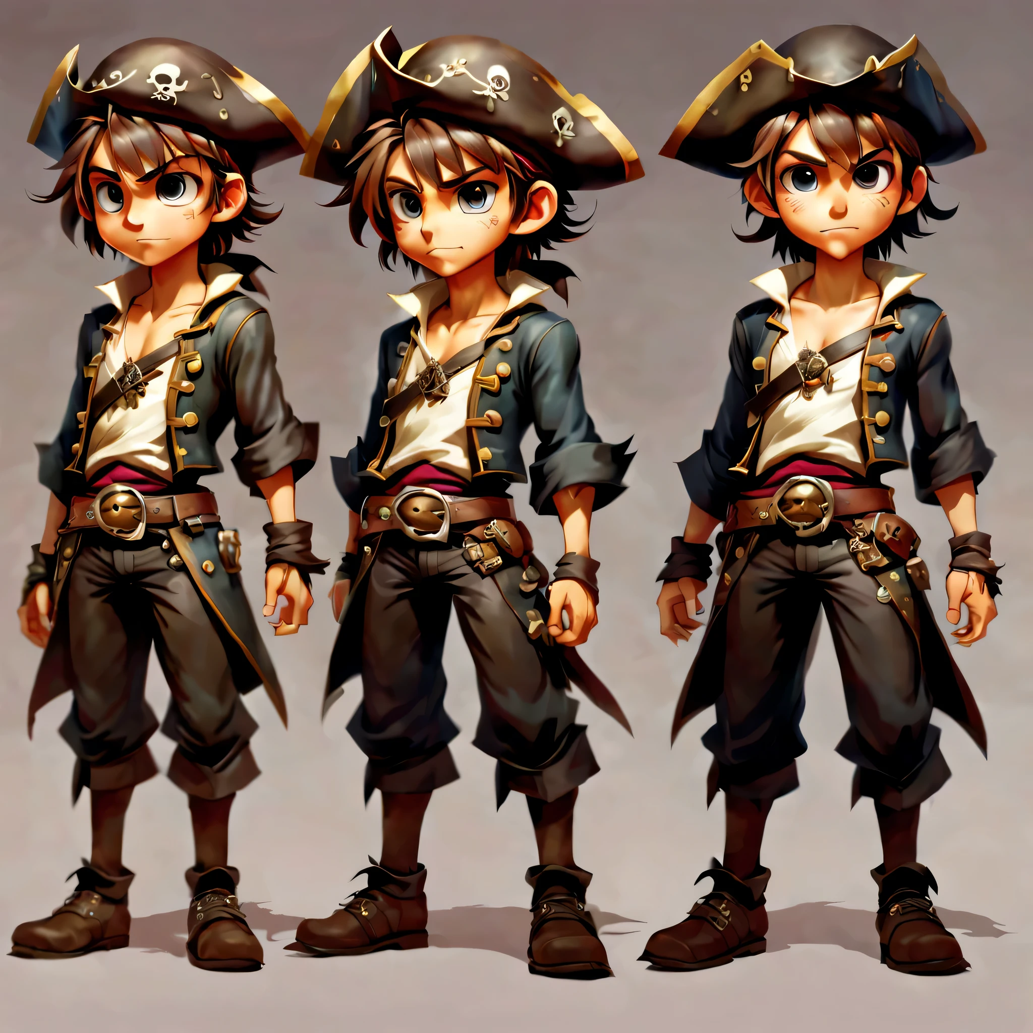 Create an original character design sheet,anime main character,boy,pirate clothes,((3 views,whole body, background,multiple views,High resolution)),be familiar with,multiple views,Active,action pose,dynamic,nice,cute,masterpiece,highest quality,In detail,gracefully