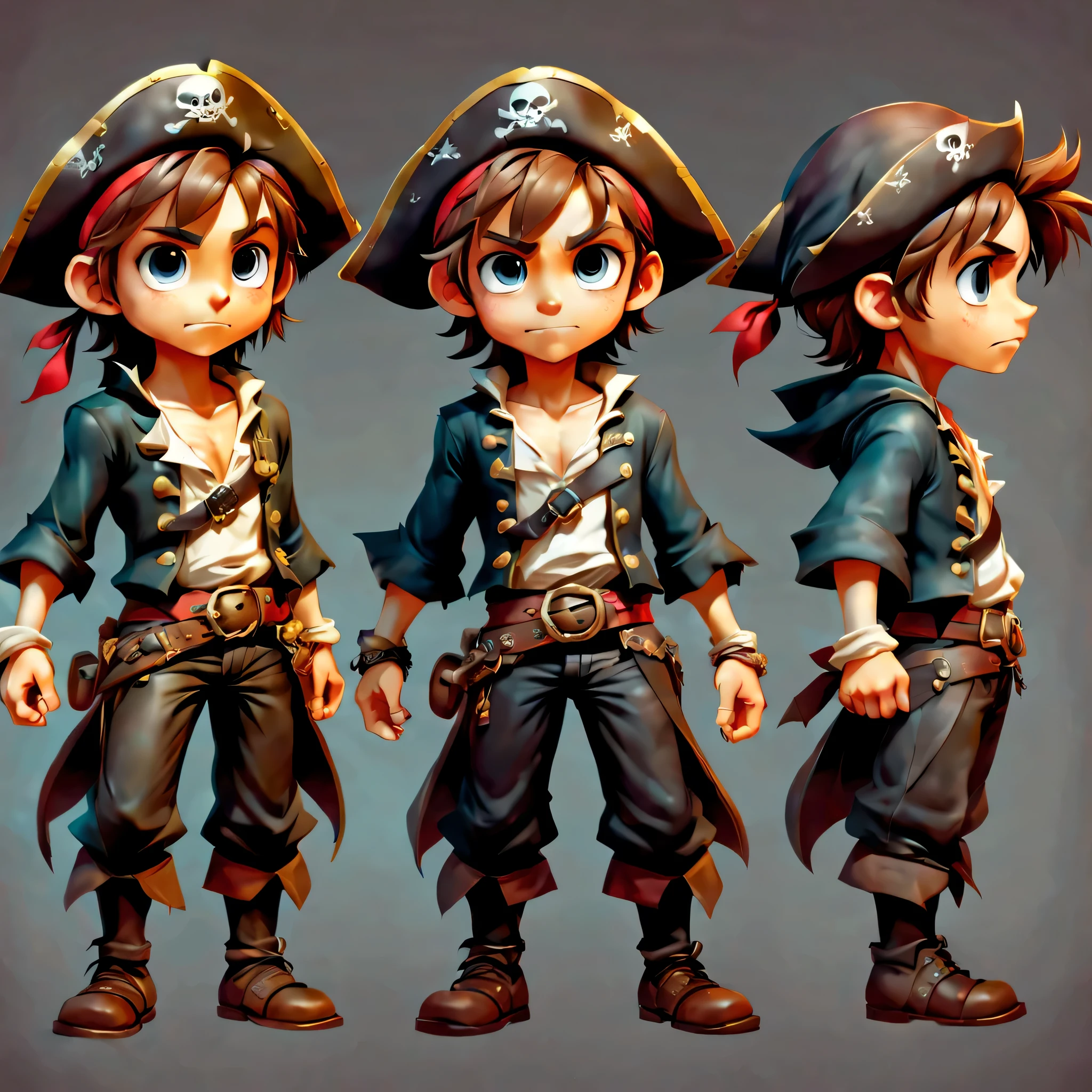 Create an original character design sheet,anime main character,boy,pirate clothes,((3 views,whole body, background,multiple views,High resolution)),be familiar with,multiple views,Active,action pose,dynamic,nice,cute,masterpiece,highest quality,In detail,gracefully