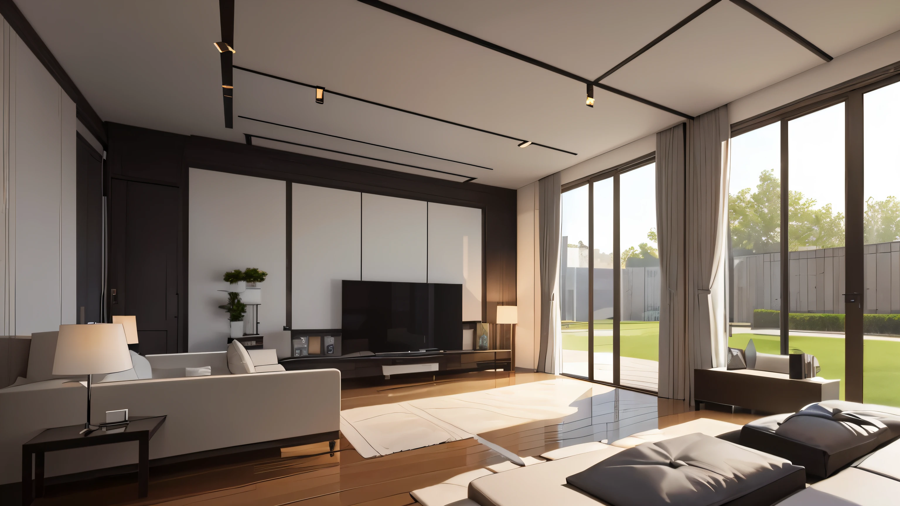you are a famous interior designer、I was asked to create a 3D image of a large modern room.。. Create a harmonious environment with modern and minimalist furniture. Including garden interior.
