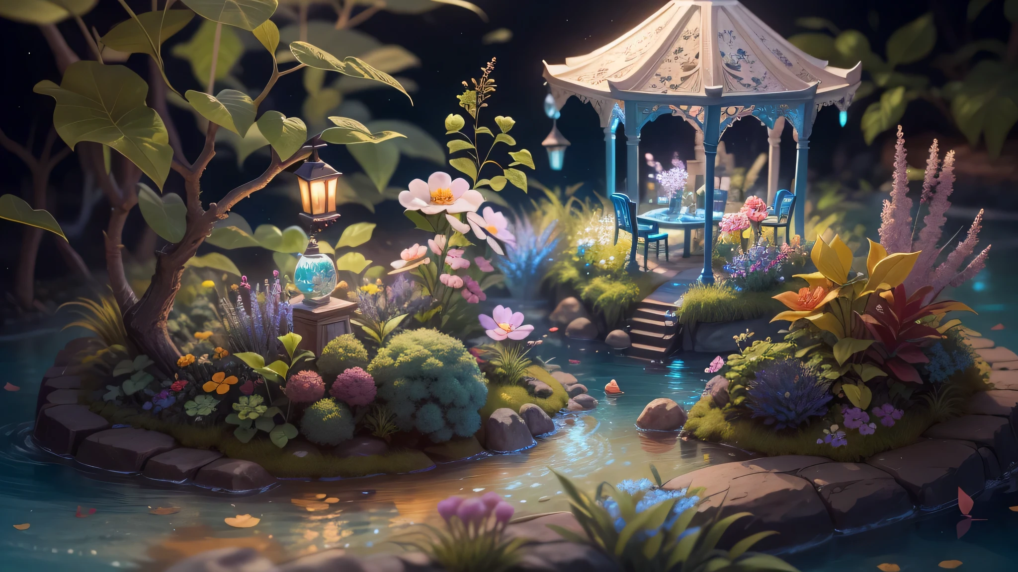 Magic garden miniature scene, 繊細な青い花とwater色の花と柔らかく照らされた枝,, Illuminated by happy smiling miniatures. 8K Autorealist,crystallization、ice、water