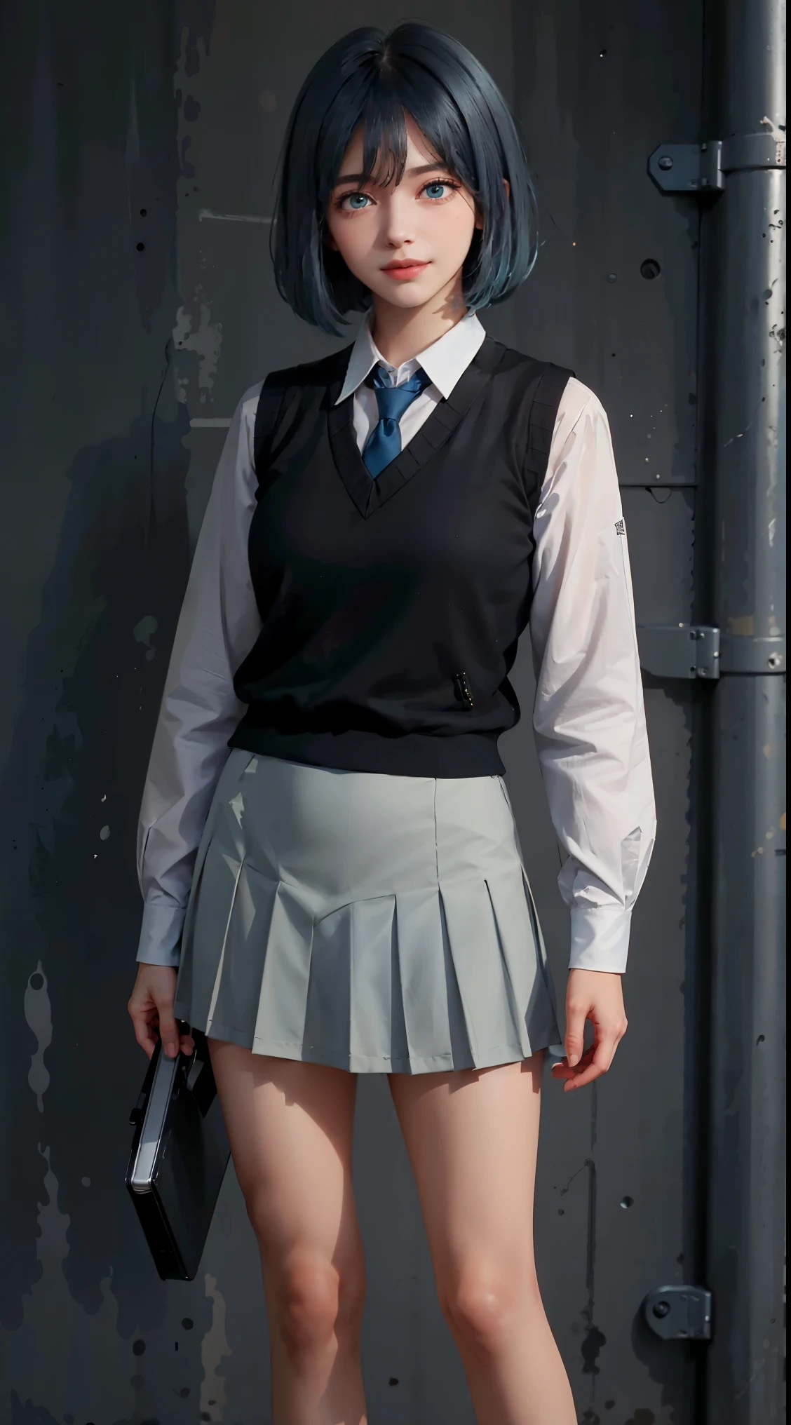 (masterpiece: 1.3), 最高quality, ultra high resolution, 1 girl, (big :1.2), (blue hair, green eyes, bangs, short hair) ((girl akanekurokawa )) perfect eyes, has a very sexy body, full chest and thin waist, and very sexy body, skirt, shoes下, sneakers, shoes, 白いshoes, black shoes下, pleated skirt, knee high, white shirt, blue tie, long sleeve, vest, collared shirt, ,has a bold look. young, quality, Ultra high definition, realistic, cute expression, shy smile, Calm, at the park, (Are standing)