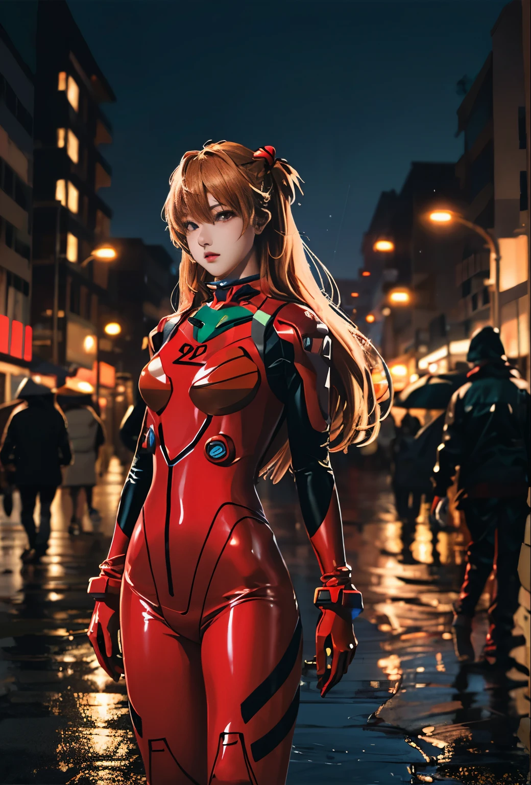 highest quality, kusubero redhead, master part, realistic, realistic, 1 girl, alone, view viewer, whole body, Are standing, long hair, asuka fantasy, , plug suit, body suit, hair ornaments, detailed background, in the street, night, light, rain,
