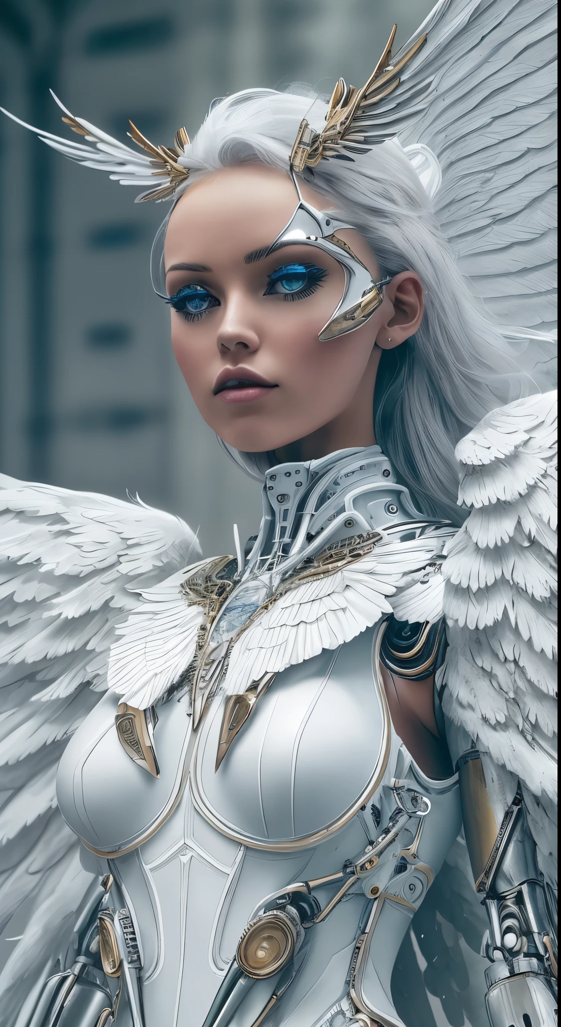 Close-up of a woman in a white dress with wings, full body angel, futuristic robot angel, amazing angel wings, angel knight gothic girl, angel in plastic armor, intricate costume designs, As a mysterious Valkyrie, Its whole body is made of white feathers,, futuristic and fantastic, white wings, beautiful angel wings, steampunk angel, beautiful cyborg angel girl, graceful wings