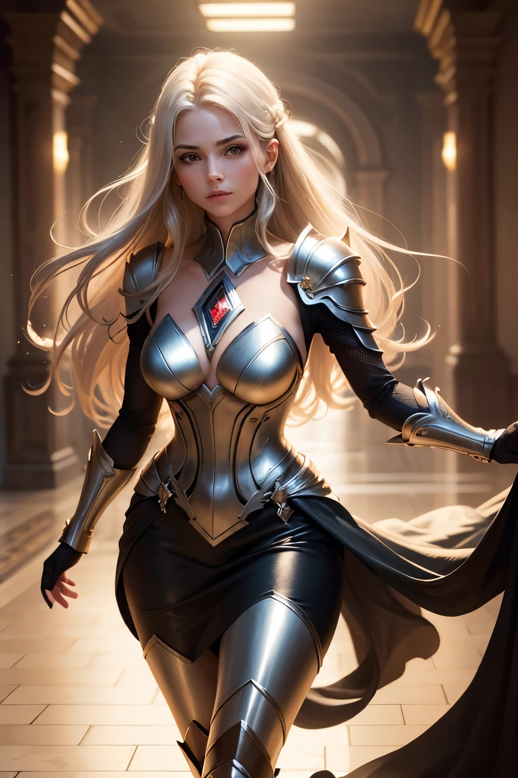 The series of images shows the perspective of a slender woman, com seios voluptuosos, cintura esguia e quadril pronunciado. She's wearing sexy armor, that enhances your curves, e saltos altos elegantes. The different perspectives reveal her confidence and power as she walks with determination. Armor shines with a metallic finish, refletindo a luz ao seu redor. Seus cabelos longos, de um tom escuro e sedoso, cascade over her shoulders as she strides forward with grace and style.