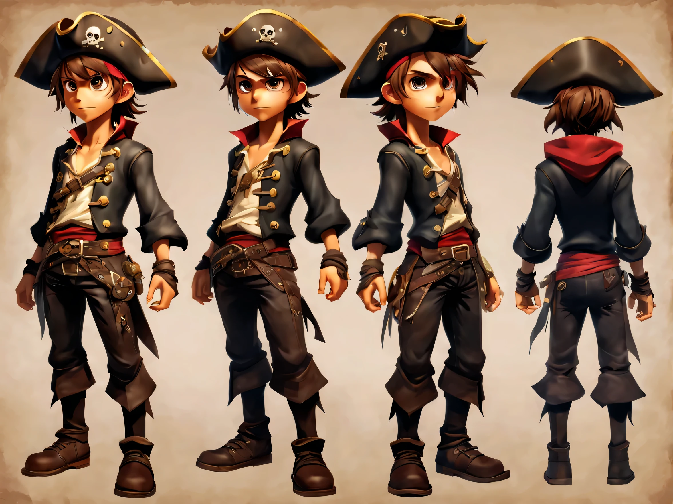 Create an original character design sheet,anime main character,boy,pirate clothes,((3 views,whole body, background,multiple views,High resolution)),be familiar with,multiple views,Active,action pose,dynamic,nice,cute,masterpiece,highest quality,In detail,gracefully