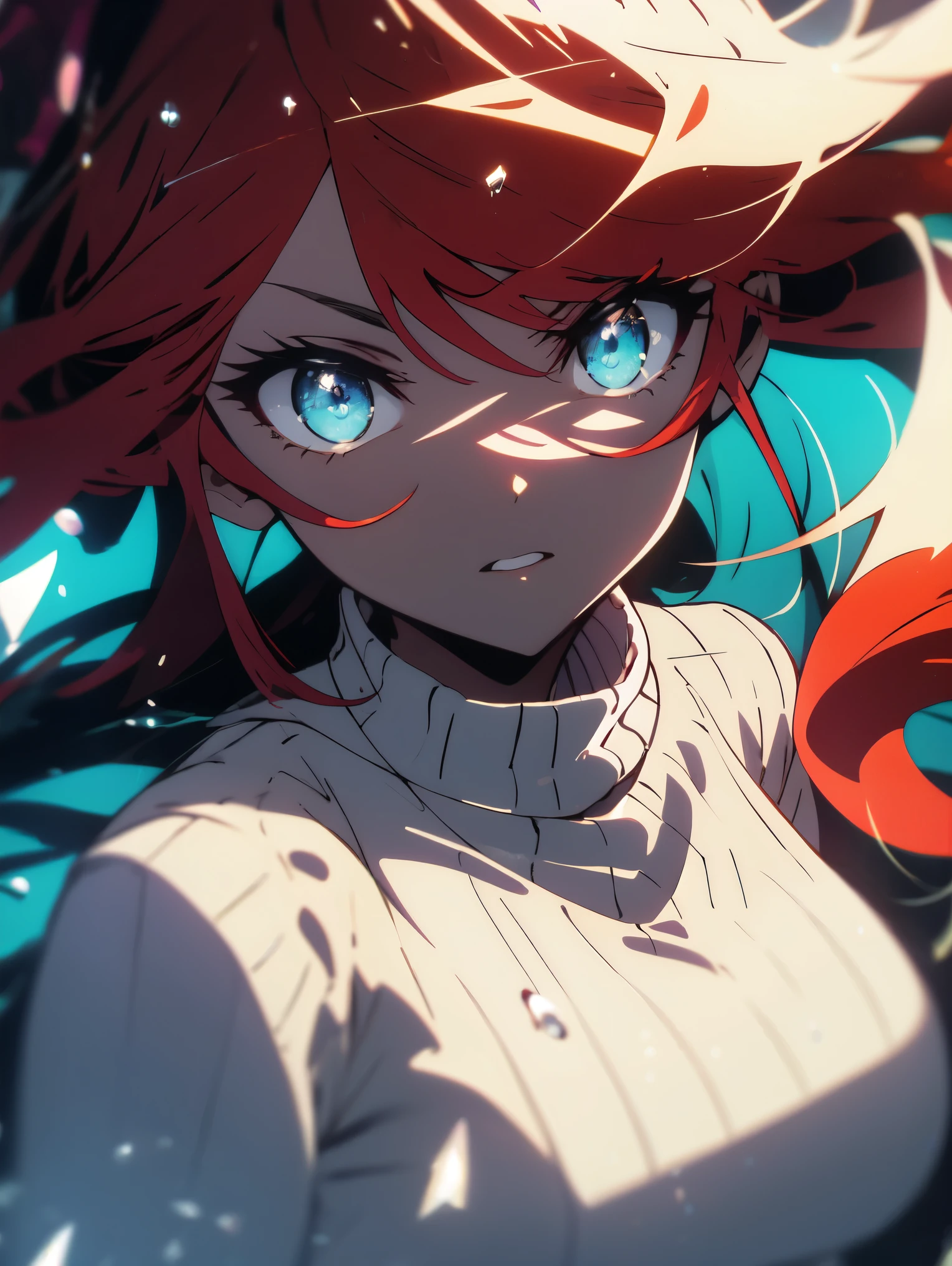 highest quality、masterpiece、High quality、Shining eyes、anime、woman, big breasts, redhead, blue eyes, Transparent sweater, small chin
