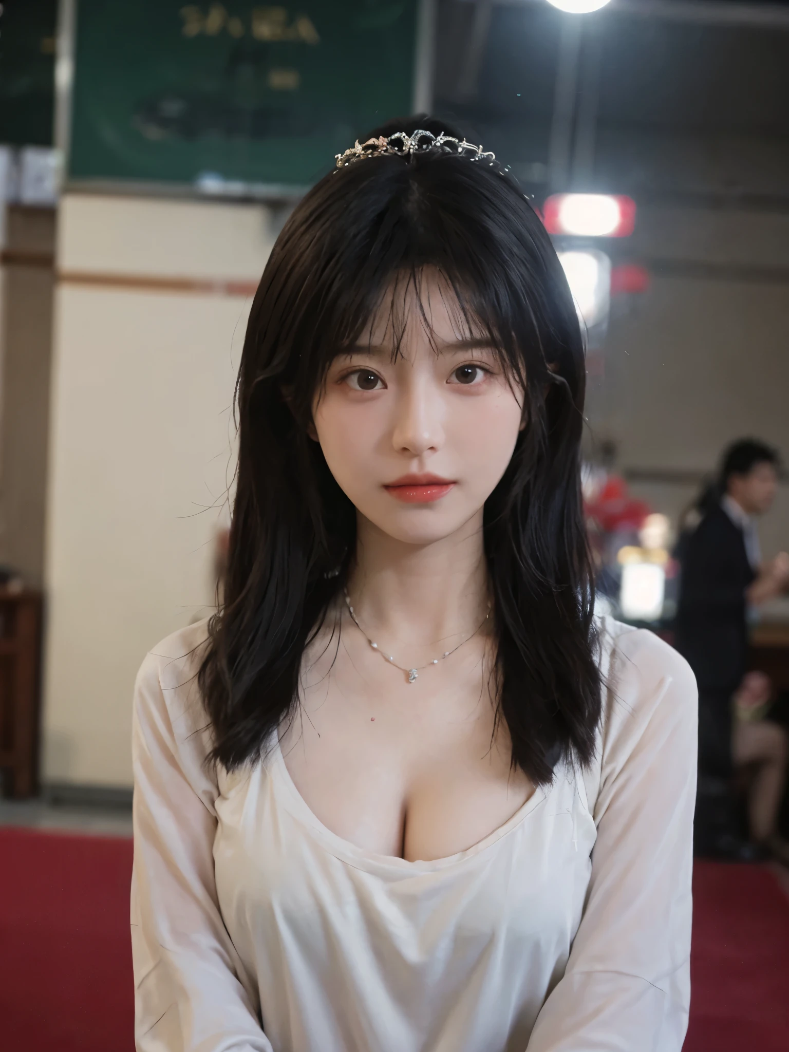 best quality, ultra high resolution, (realistically:1.4),cute hairpin,Baoyu Girl,Standing in the wedding hall,(flat chest:1.2) ,A pair of clear and charming peach blossom eyes,Royal sister,The sun shines on the face,Big wavy hairstyle,(necklace:1.2),(White skin:1.4),a sense of atmosphere,a beautiful girl,Looking directly at the viewer, Close-up cleavage ,(lifelike:1.4),1 girl,Sexy,(Upper body:1.4),(wet),(:1.2)
