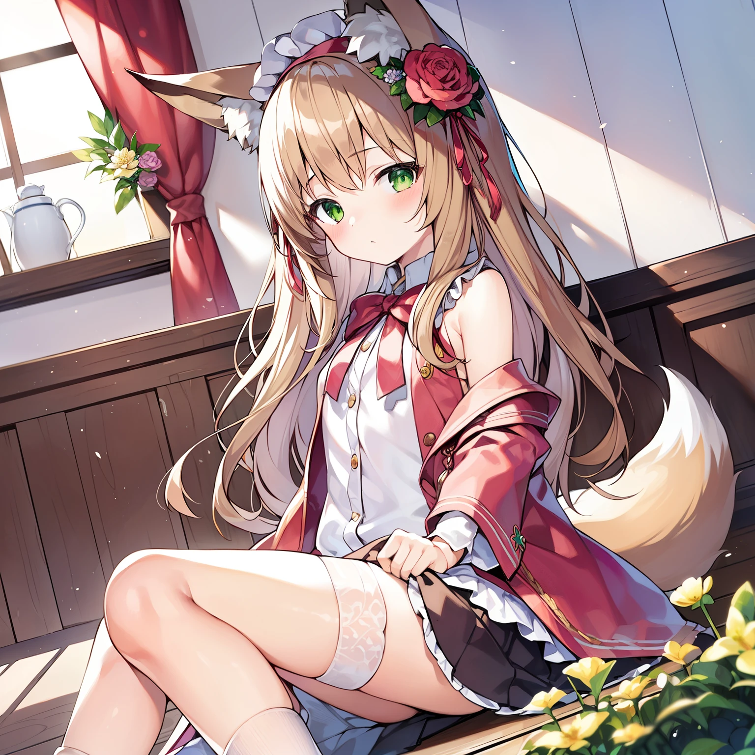 (masterpiece, best quality, high resolution), 1 girl, alone,  (Big soft fox tail)，A pair of fox ears，green eyes，(long brown hair)，small flower headdress, (9 years old_cute loli)，small ，moro liberation front，Dressed for school，Sitting at the entrance of the house，Putting on stockings，Look from the bottom up，