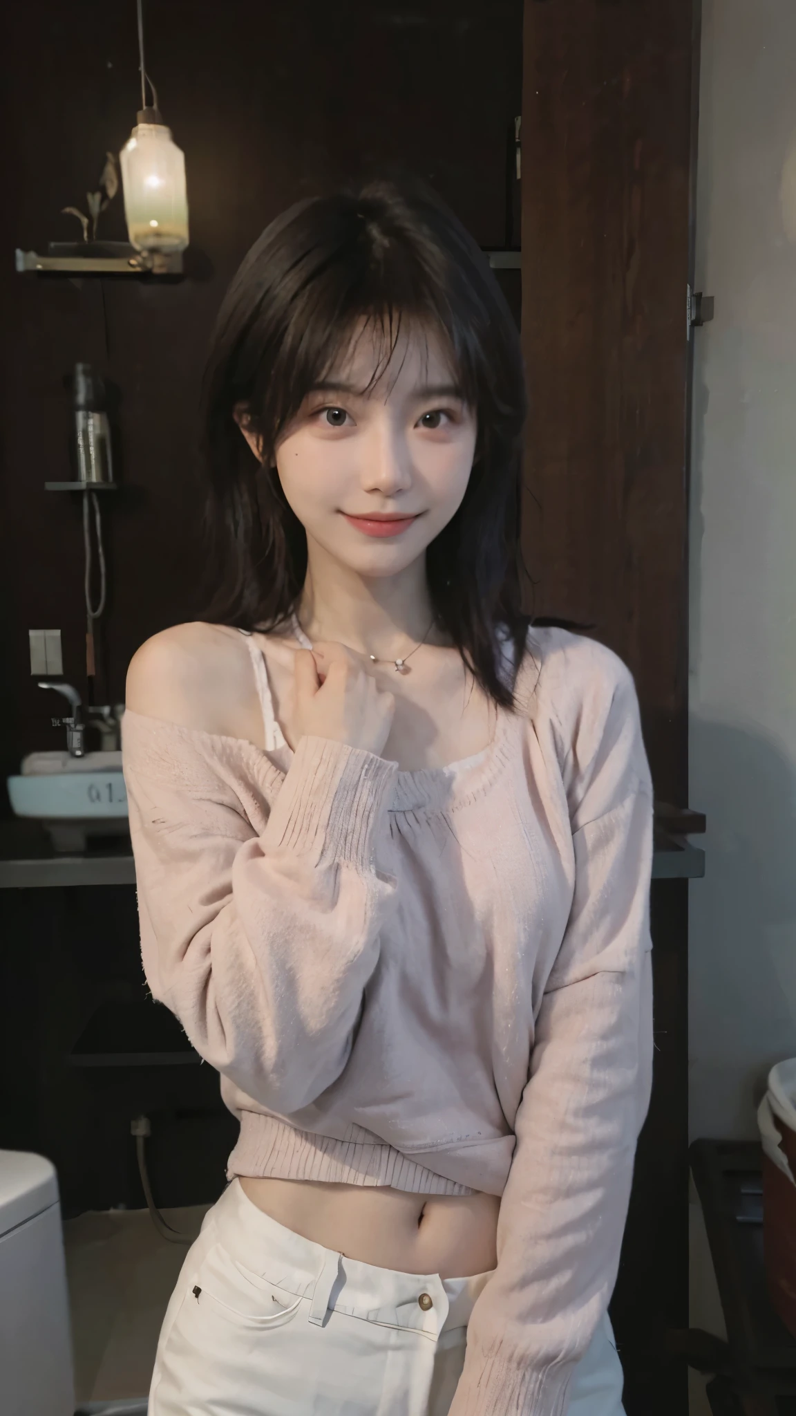 best quality, ultra high resolution, (realistically:1.4),cute hairpin,Baoyu Girl,1 girl, Beautiful woman with slim figure:1.4, abdominal muscles:1.1, (a brown haired one, Medium chest:1.3), pink long sweater:1.1, bathroom,Super thin face,exquisite eyes,double eyelids,Smile,necklace