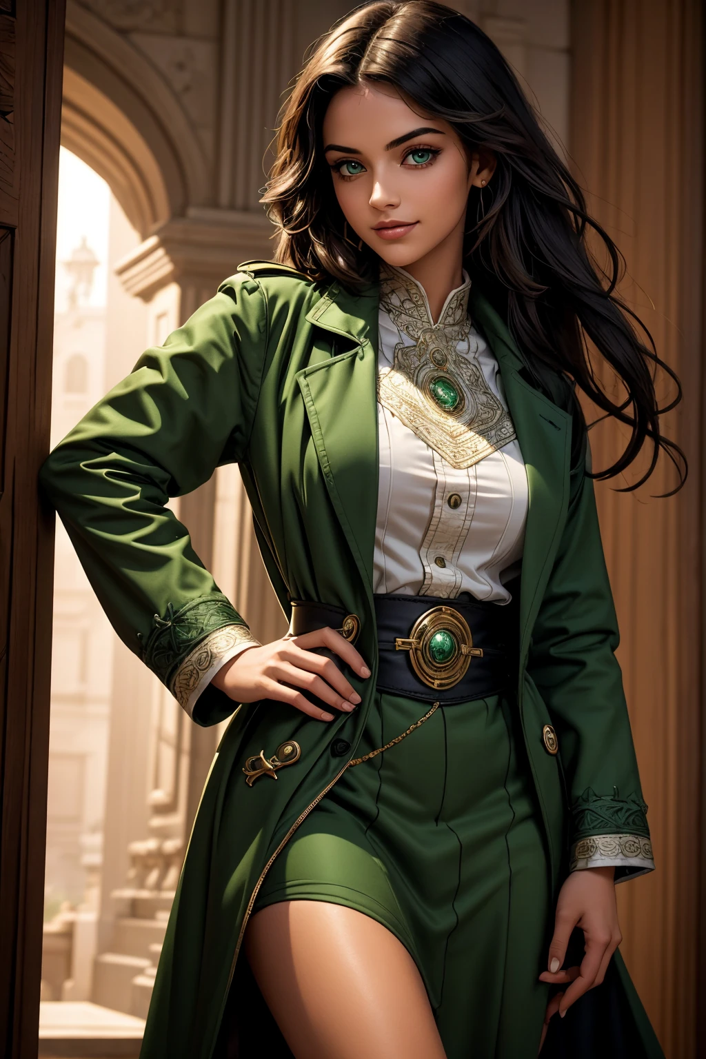 A stunning Indian beauty, with bright green eyes, with dark brown-black long wavy long hair, with mesmerizing feature with a Hopeful smiling expression, finely detailed eyes, happy mood masterpiece, top quality, best quality, official art, beautiful and aesthetic:1.2), (1girl), extreme detailed,(fractal art:1.3), colorful, highest detailed, (masterpiece, best quality:1.3) 1 bright-green-eyed woman, professional digital painting, Unreal Engine 5. Wearing a black-buttoned-up-military-trench coat.
