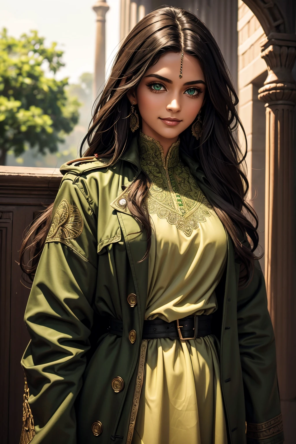 A stunning Indian beauty, with bright green eyes, with dark brown-black long wavy long hair, with mesmerizing feature with a Hopeful smiling expression, finely detailed eyes, happy mood masterpiece, top quality, best quality, official art, beautiful and aesthetic:1.2), (1girl), extreme detailed,(fractal art:1.3), colorful, highest detailed, (masterpiece, best quality:1.3) 1 bright-green-eyed woman, professional digital painting, Unreal Engine 5. Wearing a black-buttoned-up-military-trench coat.
