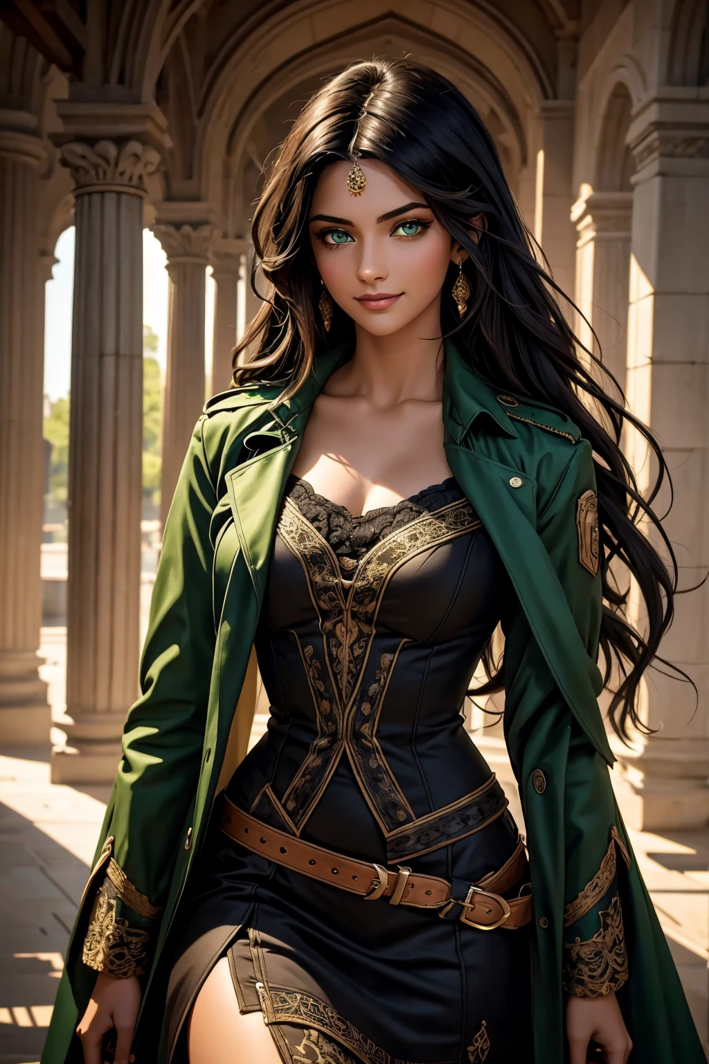 A stunning Indian beauty, with bright green eyes, with dark brown-black long wavy long hair, with mesmerizing feature with a Hopeful smiling expression, finely detailed eyes, happy mood masterpiece, top quality, best quality, official art, beautiful and aesthetic:1.2), (1girl), extreme detailed,(fractal art:1.3), colorful, highest detailed, (masterpiece, best quality:1.3) 1 bright-green-eyed woman, professional digital painting, Unreal Engine 5. Wearing a black-buttoned-up-military-trench coat.
