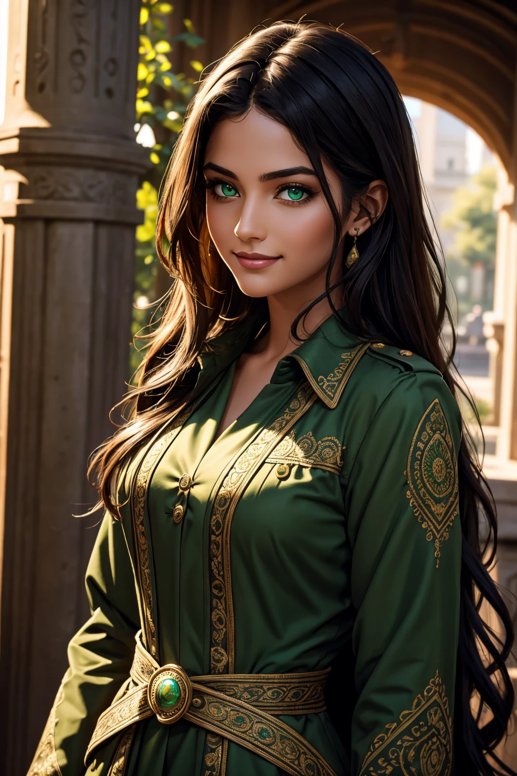 A stunning Indian beauty, with bright green eyes, with dark brown-black long wavy long hair, with mesmerizing feature with a Hopeful smiling expression, finely detailed eyes, happy mood masterpiece, top quality, best quality, official art, beautiful and aesthetic:1.2), (1girl), extreme detailed,(fractal art:1.3), colorful, highest detailed, (masterpiece, best quality:1.3) 1 bright-green-eyed woman, professional digital painting, Unreal Engine 5. Wearing a black-buttoned-up-military-trench coat.
