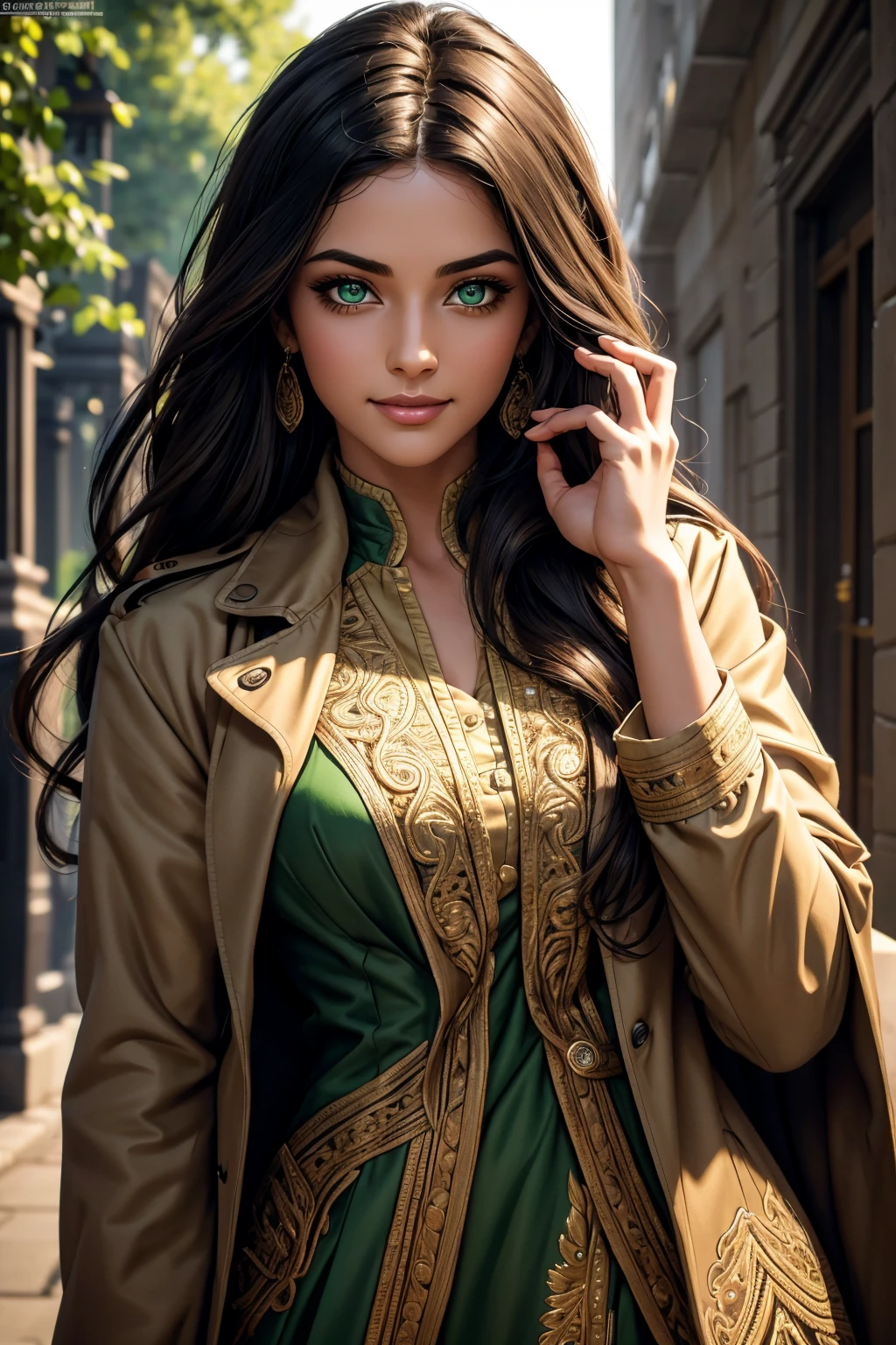A stunning Indian beauty, with bright green eyes, with dark brown-black long wavy long hair, with mesmerizing feature with a Hopeful smiling expression, finely detailed eyes, happy mood masterpiece, top quality, best quality, official art, beautiful and aesthetic:1.2), (1girl), extreme detailed,(fractal art:1.3), colorful, highest detailed, (masterpiece, best quality:1.3) 1 bright-green-eyed woman, professional digital painting, Unreal Engine 5. Wearing a black-buttoned-up-military-trench coat.
