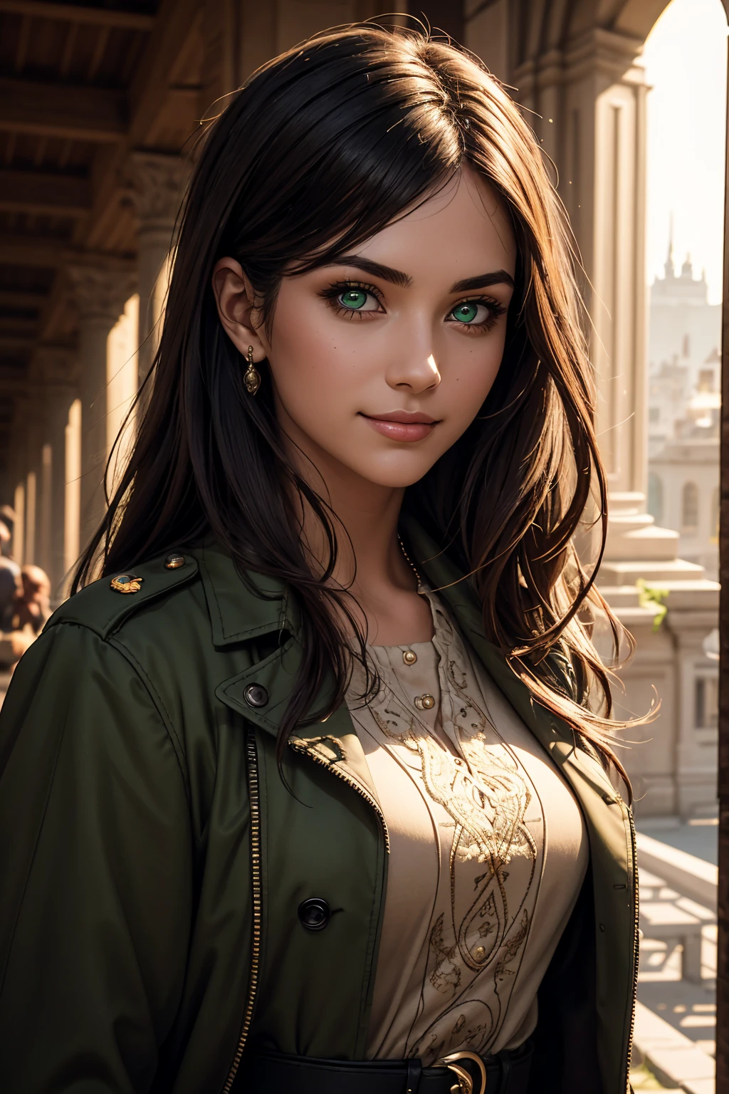 A stunning Indian beauty, with bright green eyes, with dark brown-black long wavy long hair, with mesmerizing feature with a Hopeful smiling expression, finely detailed eyes, happy mood masterpiece, top quality, best quality, official art, beautiful and aesthetic:1.2), (1girl), extreme detailed,(fractal art:1.3), colorful, highest detailed, (masterpiece, best quality:1.3) 1 bright-green-eyed woman, professional digital painting, Unreal Engine 5. Wearing a black-buttoned-up-military-trench coat.
