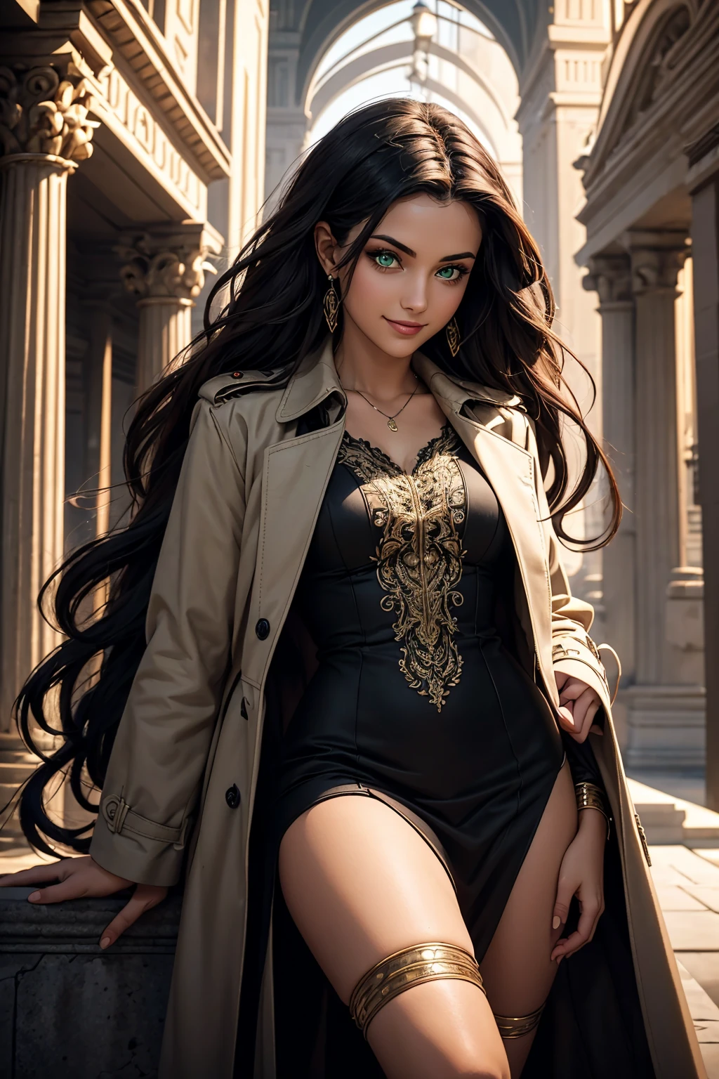 A stunning Indian beauty, with bright green eyes, with dark brown-black long wavy long hair, with mesmerizing feature with a Hopeful smiling expression, finely detailed eyes, happy mood masterpiece, top quality, best quality, official art, beautiful and aesthetic:1.2), (1girl), extreme detailed,(fractal art:1.3), colorful, highest detailed, (masterpiece, best quality:1.3) 1 bright-green-eyed woman, professional digital painting, Unreal Engine 5. Wearing a black-buttoned-up-military-trench coat.
