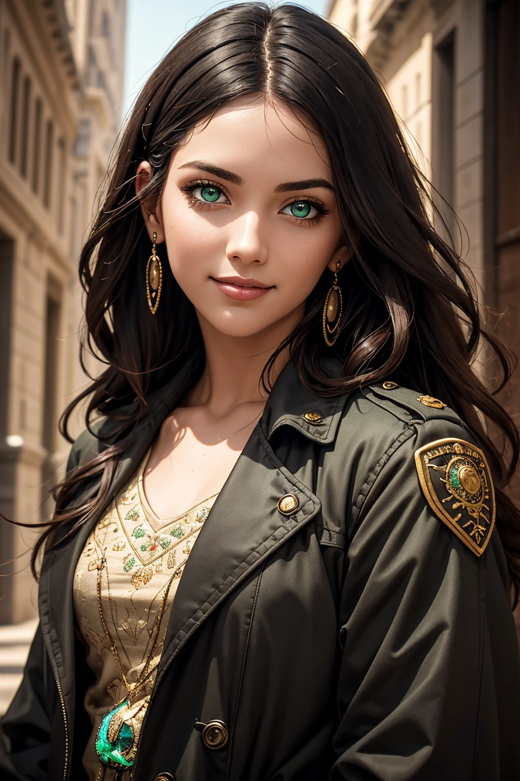 A stunning Indian beauty, with bright green eyes, with dark brown-black long wavy long hair, with mesmerizing feature with a Hopeful smiling expression, finely detailed eyes, happy mood masterpiece, top quality, best quality, official art, beautiful and aesthetic:1.2), (1girl), extreme detailed,(fractal art:1.3), colorful, highest detailed, (masterpiece, best quality:1.3) 1 bright-green-eyed woman, professional digital painting, Unreal Engine 5. Wearing a black-buttoned-up-military-trench coat.
