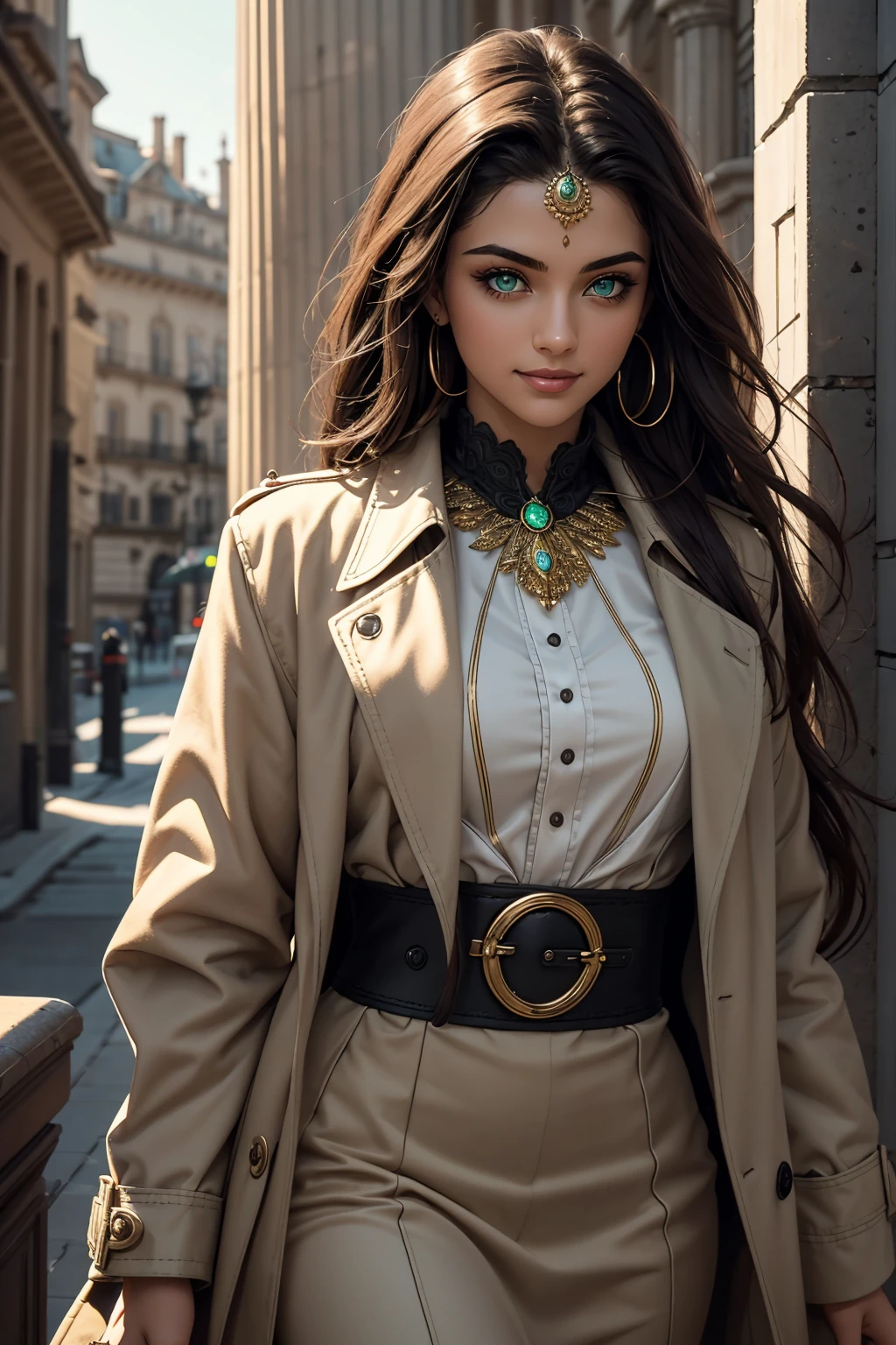 A stunning Indian beauty, with bright green eyes, with dark brown-black long wavy long hair, with mesmerizing feature with a Hopeful smiling expression, finely detailed eyes, happy mood masterpiece, top quality, best quality, official art, beautiful and aesthetic:1.2), (1girl), extreme detailed,(fractal art:1.3), colorful, highest detailed, (masterpiece, best quality:1.3) 1 bright-green-eyed woman, professional digital painting, Unreal Engine 5. Wearing a black-buttoned-up-military-trench coat.
