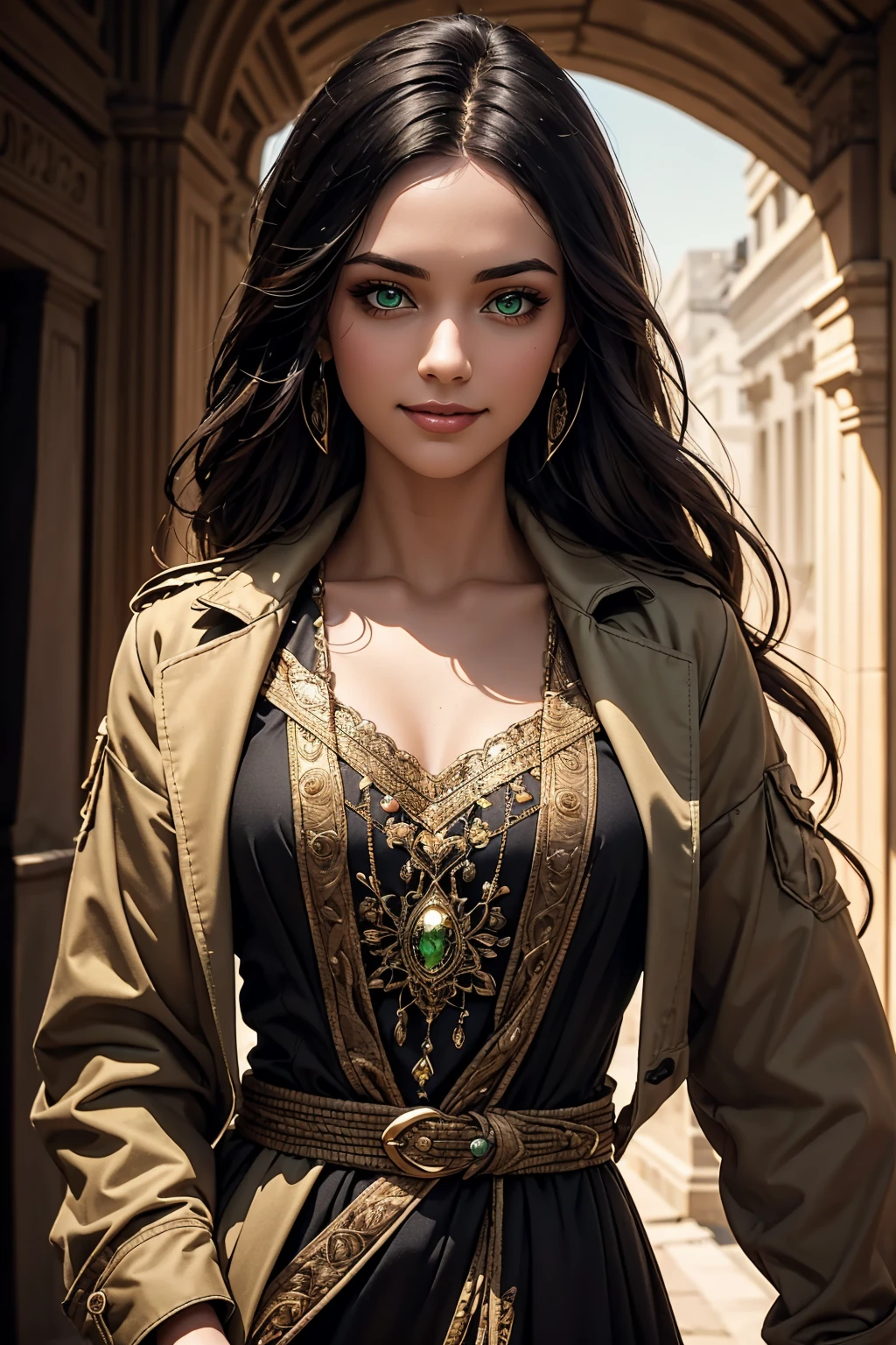 A stunning Indian beauty, with bright green eyes, with dark brown-black long wavy long hair, with mesmerizing feature with a Hopeful smiling expression, finely detailed eyes, happy mood masterpiece, top quality, best quality, official art, beautiful and aesthetic:1.2), (1girl), extreme detailed,(fractal art:1.3), colorful, highest detailed, (masterpiece, best quality:1.3) 1 bright-green-eyed woman, professional digital painting, Unreal Engine 5. Wearing a black-buttoned-up-military-trench coat.
