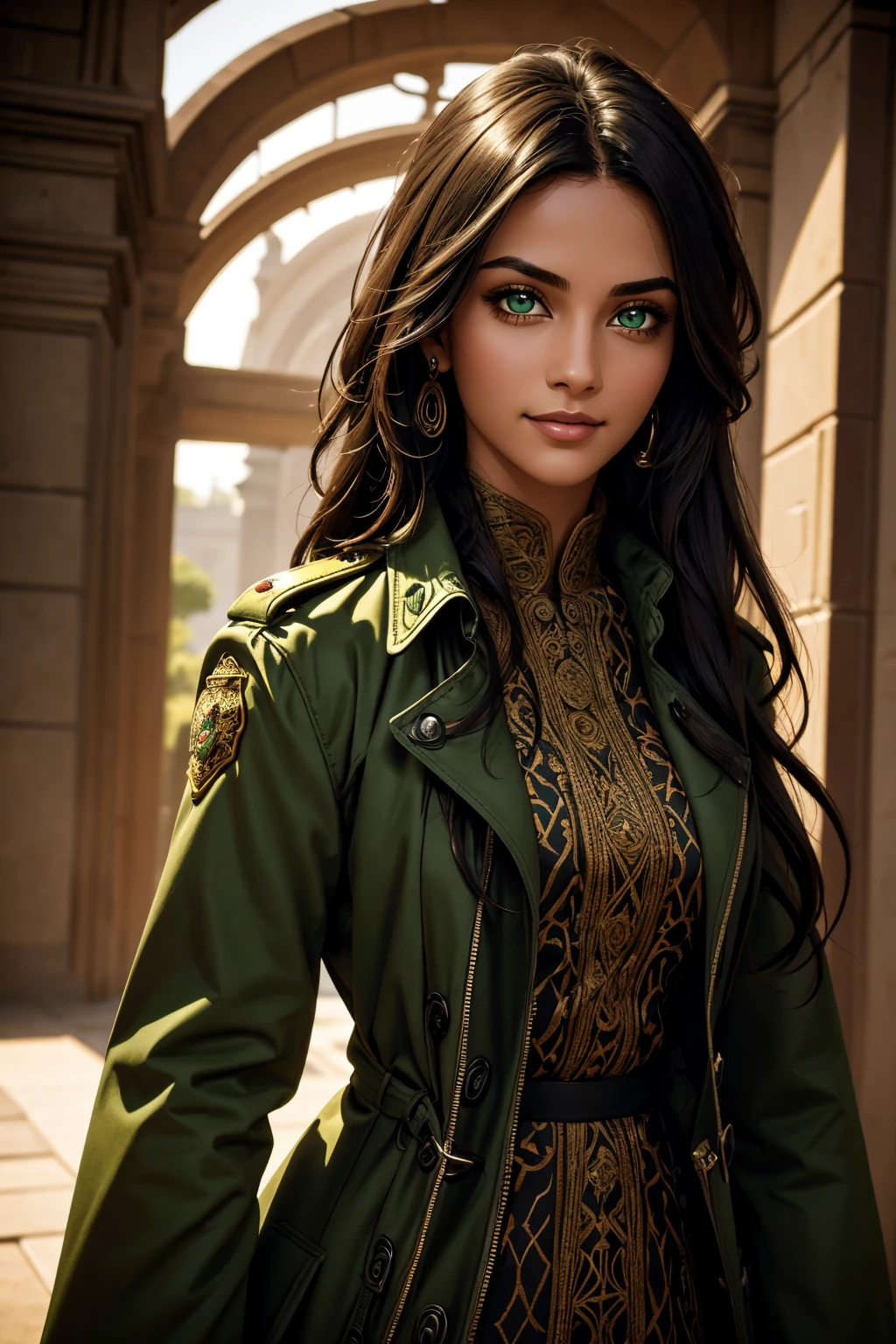 A stunning Indian beauty, with bright green eyes, with dark brown-black long wavy long hair, with mesmerizing feature with a Hopeful smiling expression, finely detailed eyes, happy mood masterpiece, top quality, best quality, official art, beautiful and aesthetic:1.2), (1girl), extreme detailed,(fractal art:1.3), colorful, highest detailed, (masterpiece, best quality:1.3) 1 bright-green-eyed woman, professional digital painting, Unreal Engine 5. Wearing a black-buttoned-up-military-trench coat.
