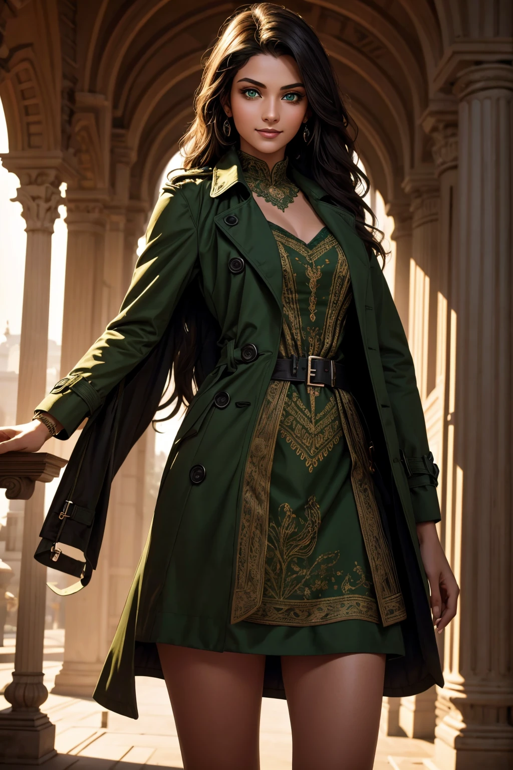 A stunning Indian beauty, with bright green eyes, with dark brown-black long wavy long hair, with mesmerizing feature with a Hopeful smiling expression, finely detailed eyes, happy mood masterpiece, top quality, best quality, official art, beautiful and aesthetic:1.2), (1girl), extreme detailed,(fractal art:1.3), colorful, highest detailed, (masterpiece, best quality:1.3) 1 bright-green-eyed woman, professional digital painting, Unreal Engine 5. Wearing a black-buttoned-up-military-trench coat.
