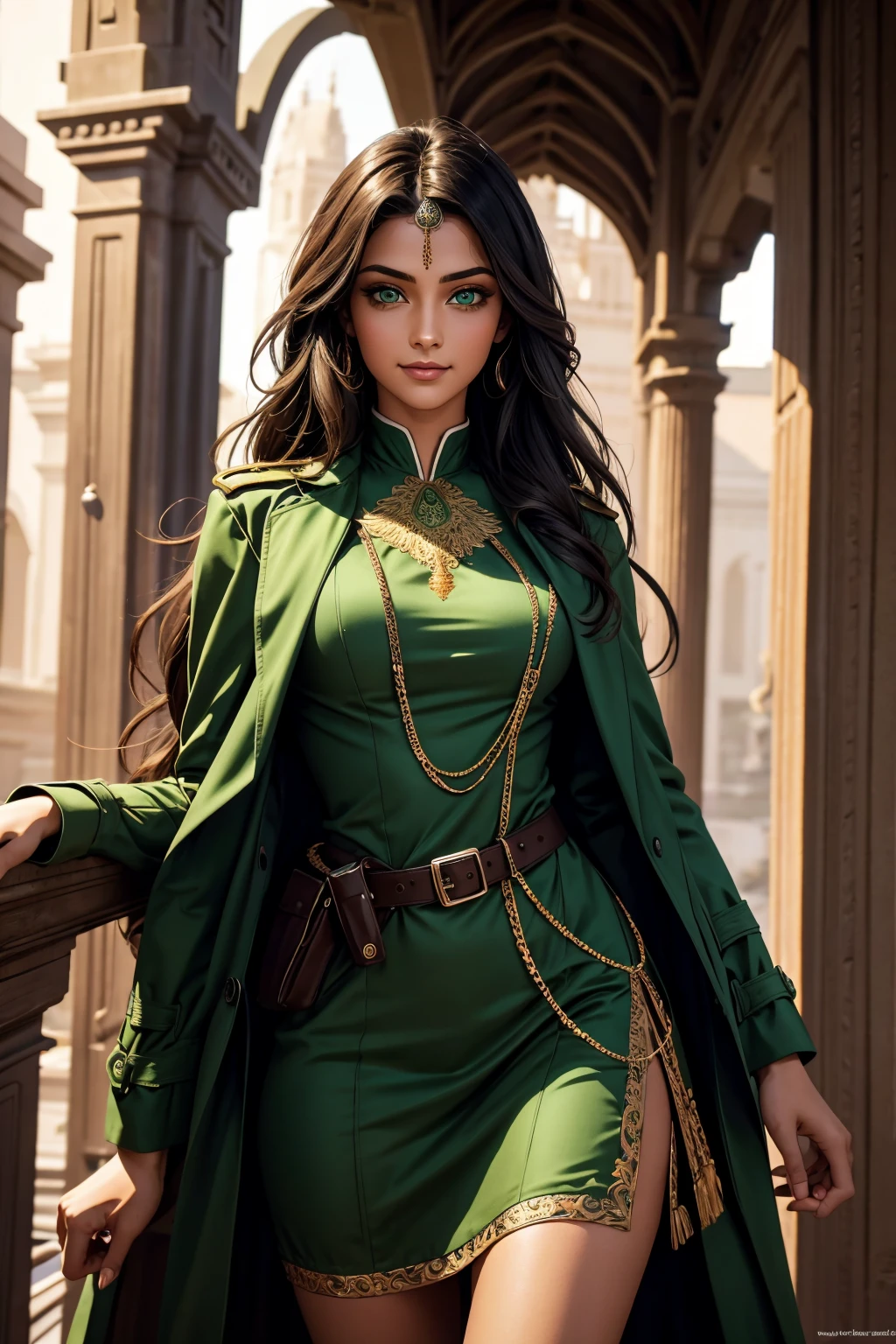 A stunning Indian beauty, with bright green eyes, with dark brown-black long wavy long hair, with mesmerizing feature with a Hopeful smiling expression, finely detailed eyes, happy mood masterpiece, top quality, best quality, official art, beautiful and aesthetic:1.2), (1girl), extreme detailed,(fractal art:1.3), colorful, highest detailed, (masterpiece, best quality:1.3) 1 bright-green-eyed woman, professional digital painting, Unreal Engine 5. Wearing a black-buttoned-up-military-trench coat.
