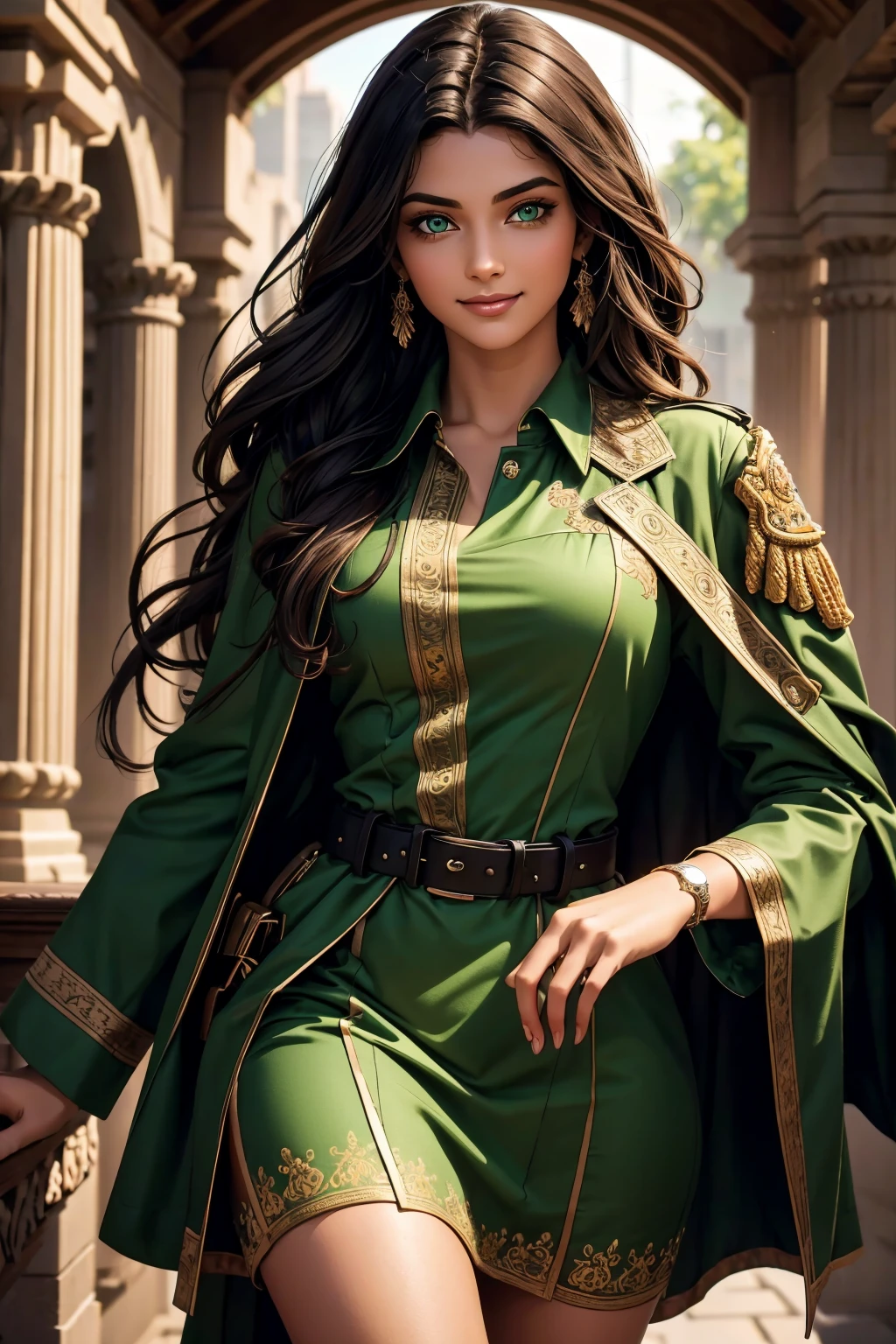 A stunning Indian beauty, with bright green eyes, with dark brown-black long wavy long hair, with mesmerizing feature with a Hopeful smiling expression, finely detailed eyes, happy mood masterpiece, top quality, best quality, official art, beautiful and aesthetic:1.2), (1girl), extreme detailed,(fractal art:1.3), colorful, highest detailed, (masterpiece, best quality:1.3) 1 bright-green-eyed woman, professional digital painting, Unreal Engine 5. Wearing a black-buttoned-up-military-trench coat.
