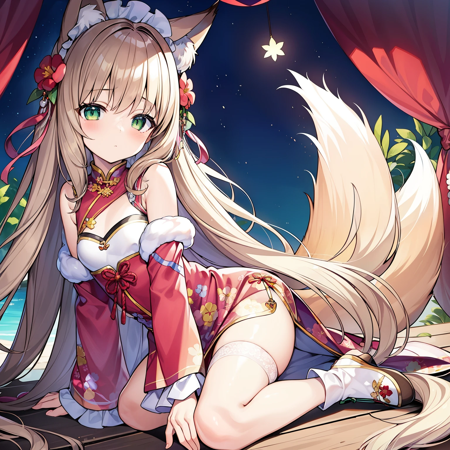 (masterpiece, best quality, high resolution), 1 girl, alone, (Big soft fox tail),A pair of fox ears,green eyes,(long brown hair),small flower headdress, (9 _cute loli),small ,moro liberation front,cheongsam,unfolded folding fan,Elegant temperament,