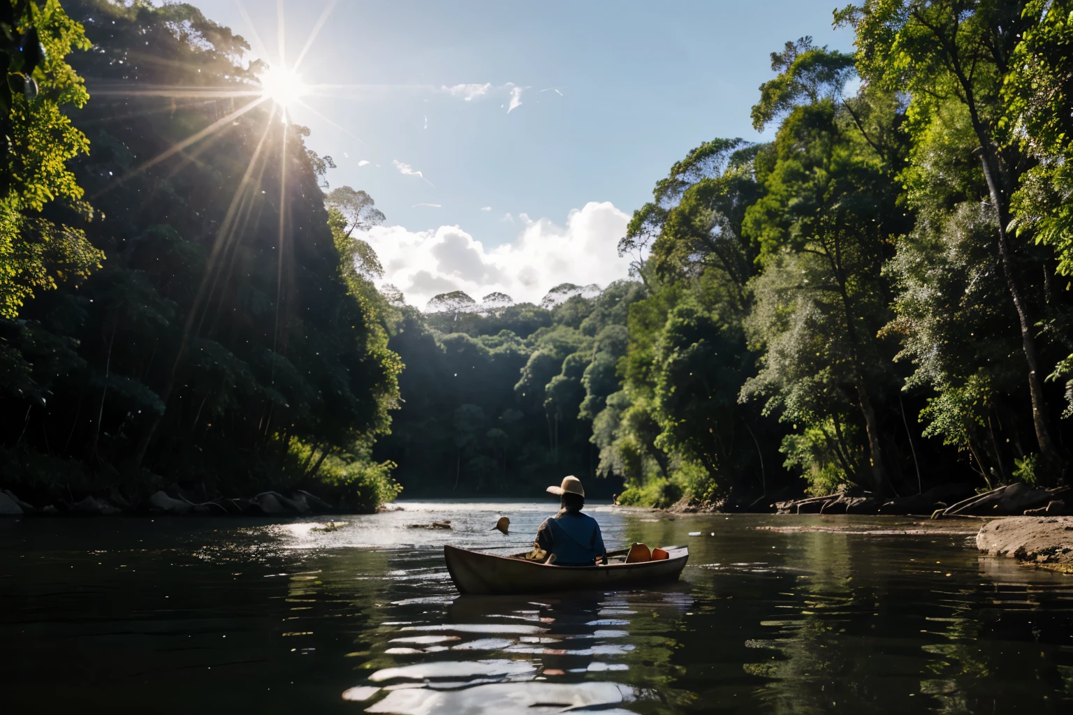 there is an indigenous fisherman in a canoe on a river with a blue macaw flying in the sky, mystical forest lagoon, Cena de sonho, geografia nacional da Amazonia, em uma paisagem serena, Mystical scene, mystical lake, florestas do  Brasil bonitas, mystical scenery, Belo ambiente, ambiente sereno, Morning light, atmosfera deslumbrante, the morning river, encantador e de outro mundo, perdido em uma paisagem de fadas sonhadora