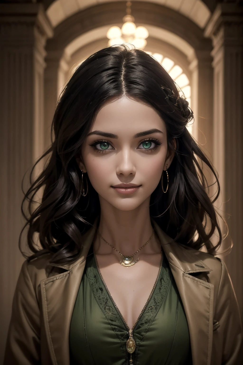 A stunning Indian beauty, with bright green eyes, with dark brown-black long wavy long hair, with mesmerizing feature with a Hopeful smiling expression, finely detailed eyes, happy mood masterpiece, top quality, best quality, official art, beautiful and aesthetic:1.2), (1girl), extreme detailed,(fractal art:1.3), colorful, highest detailed, (masterpiece, best quality:1.3) 1 bright-green-eyed woman, professional digital painting, Unreal Engine 5. Wearing a black-buttoned-up-military-trench coat.
