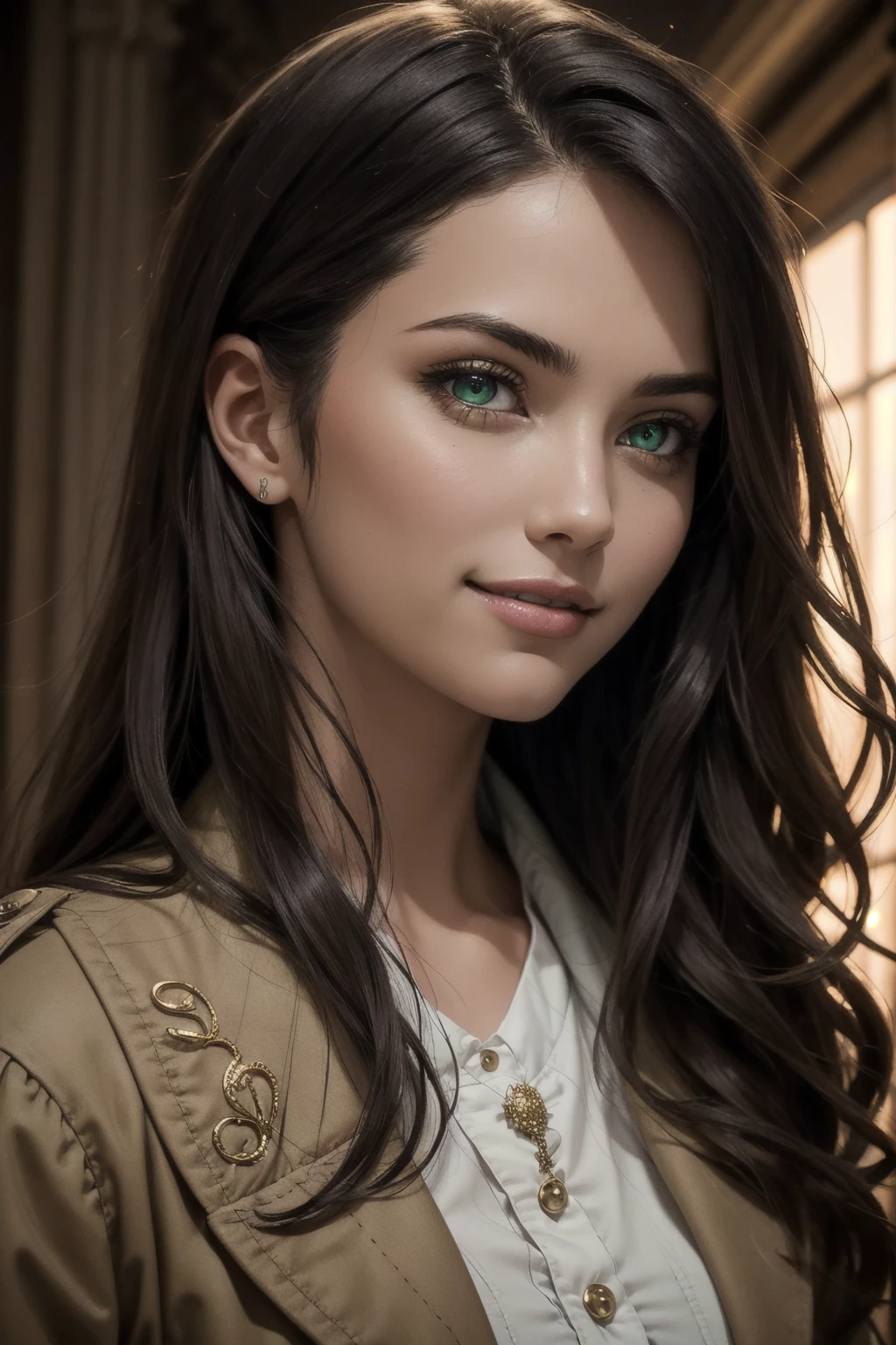 A stunning Indian beauty, with bright green eyes, with dark brown-black long wavy long hair, with mesmerizing feature with a Hopeful smiling expression, finely detailed eyes, happy mood masterpiece, top quality, best quality, official art, beautiful and aesthetic:1.2), (1girl), extreme detailed,(fractal art:1.3), colorful, highest detailed, (masterpiece, best quality:1.3) 1 bright-green-eyed woman, professional digital painting, Unreal Engine 5. Wearing a black-buttoned-up-military-trench coat.
