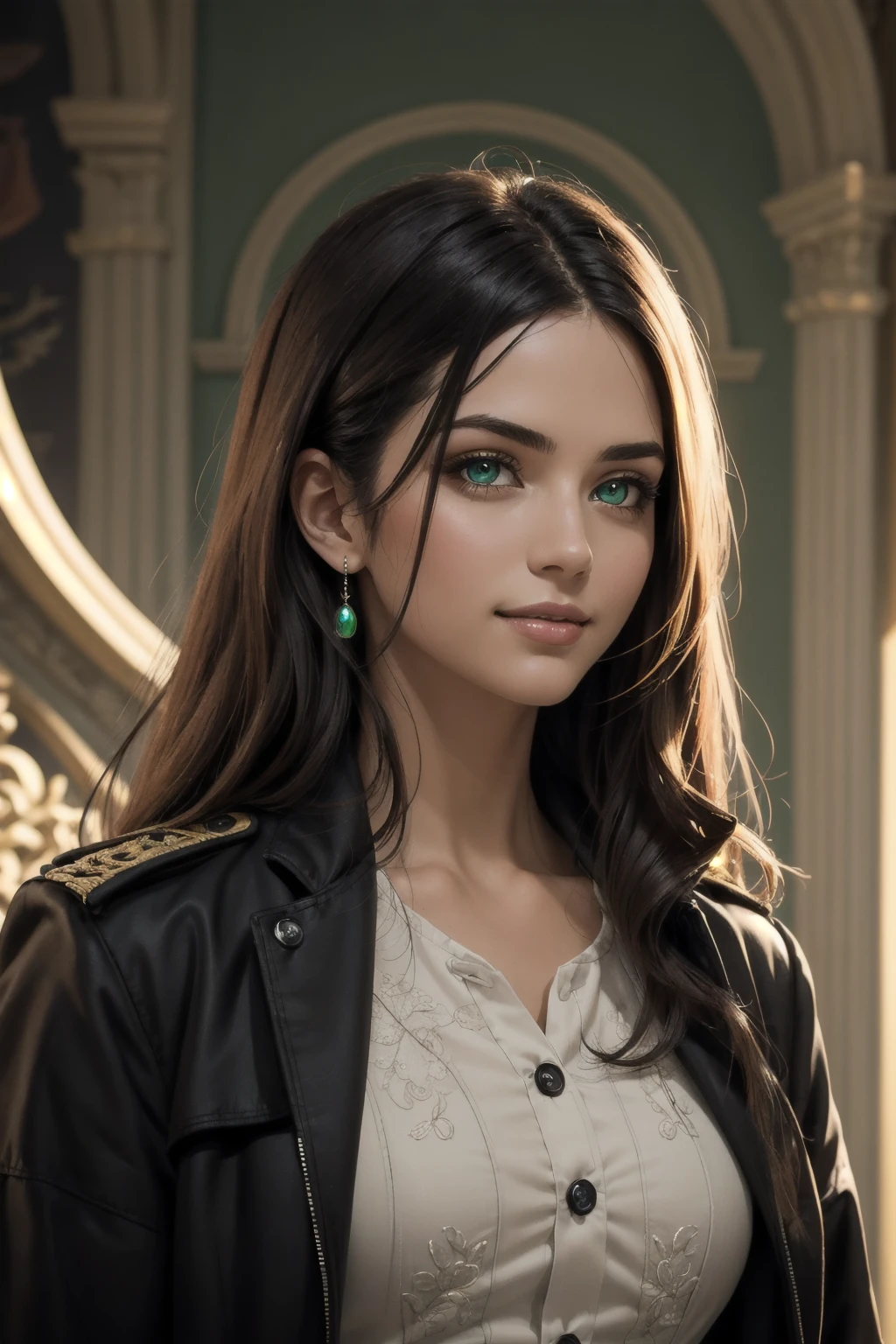 A stunning Indian beauty, with bright green eyes, with dark brown-black long wavy long hair, with mesmerizing feature with a Hopeful smiling expression, finely detailed eyes, happy mood masterpiece, top quality, best quality, official art, beautiful and aesthetic:1.2), (1girl), extreme detailed,(fractal art:1.3), colorful, highest detailed, (masterpiece, best quality:1.3) 1 bright-green-eyed woman, professional digital painting, Unreal Engine 5. Wearing a black-buttoned-up-military-trench coat.
