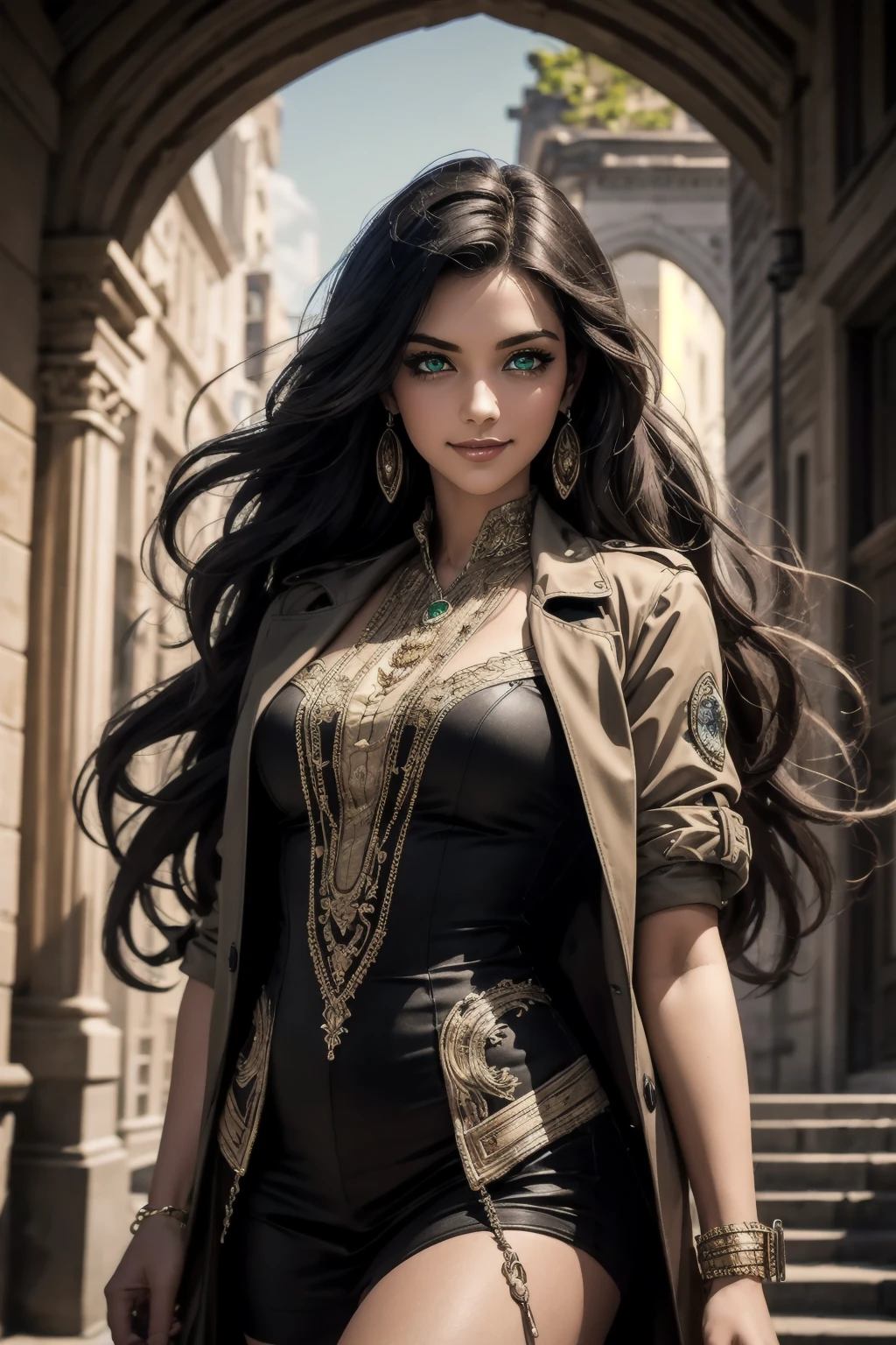 A stunning Indian beauty, with bright green eyes, with dark brown-black long wavy long hair, with mesmerizing feature with a Hopeful smiling expression, finely detailed eyes, happy mood masterpiece, top quality, best quality, official art, beautiful and aesthetic:1.2), (1girl), extreme detailed,(fractal art:1.3), colorful, highest detailed, (masterpiece, best quality:1.3) 1 bright-green-eyed woman, professional digital painting, Unreal Engine 5. Wearing a black-buttoned-up-military-trench coat.
