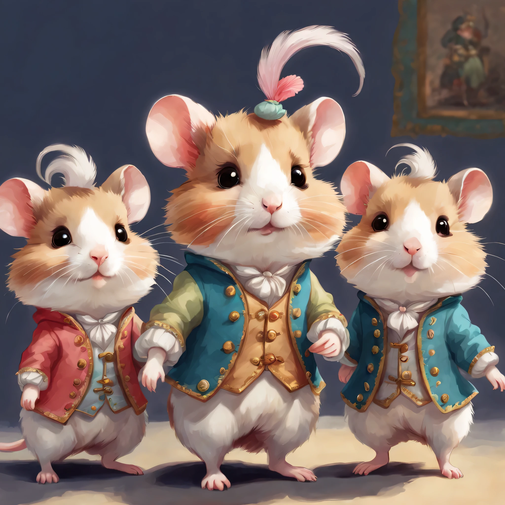super high quality、super delicate、Original character design body style、cute anthropomorphic hamster、cute fairy tale characters、Cute hamster wearing aristocratic clothes、18th century french clothing、colorful colors、((3 views,whole body, background,multiple views,High resolution)),Cast colorful spells,multiple views,magic,patchwork,So cute,dream-like,Happy,fun,クリーム色のbackground,randolph caldecott style,watercolor painting,figure,