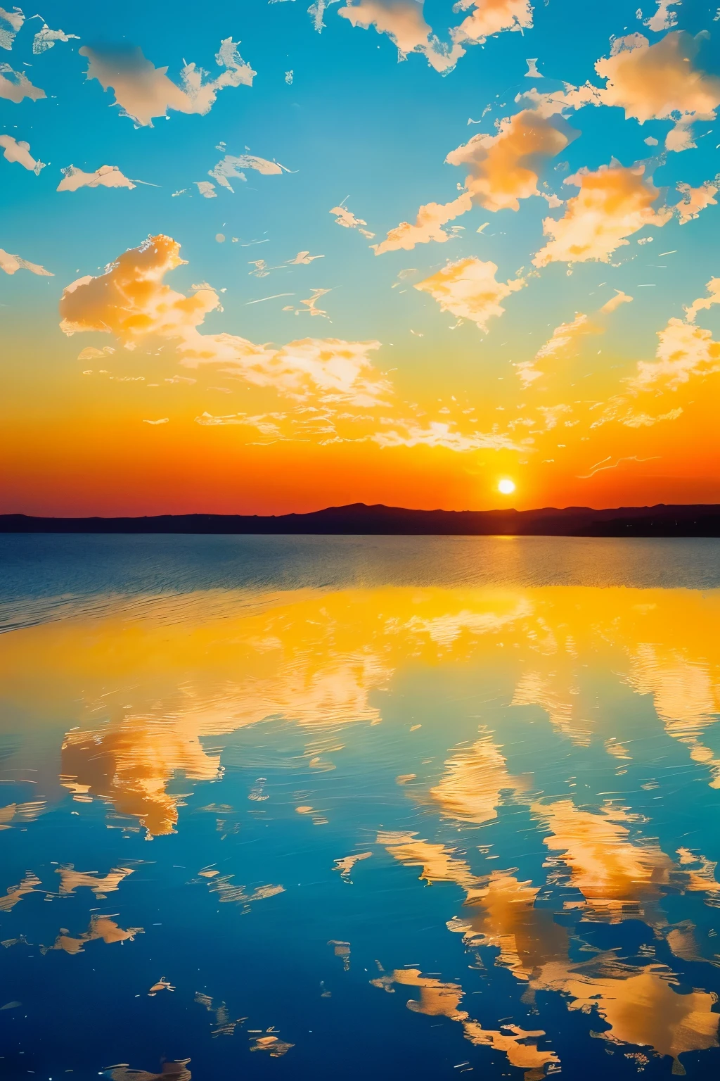 The sky is illuminated in a vibrant shade of blue, adorned with scattered patches of resplendent golden clouds, casting a surreal glow across the horizon. The tranquil water below glistens and shimmers, reflecting the brilliance of the sun's rays with captivating allure.