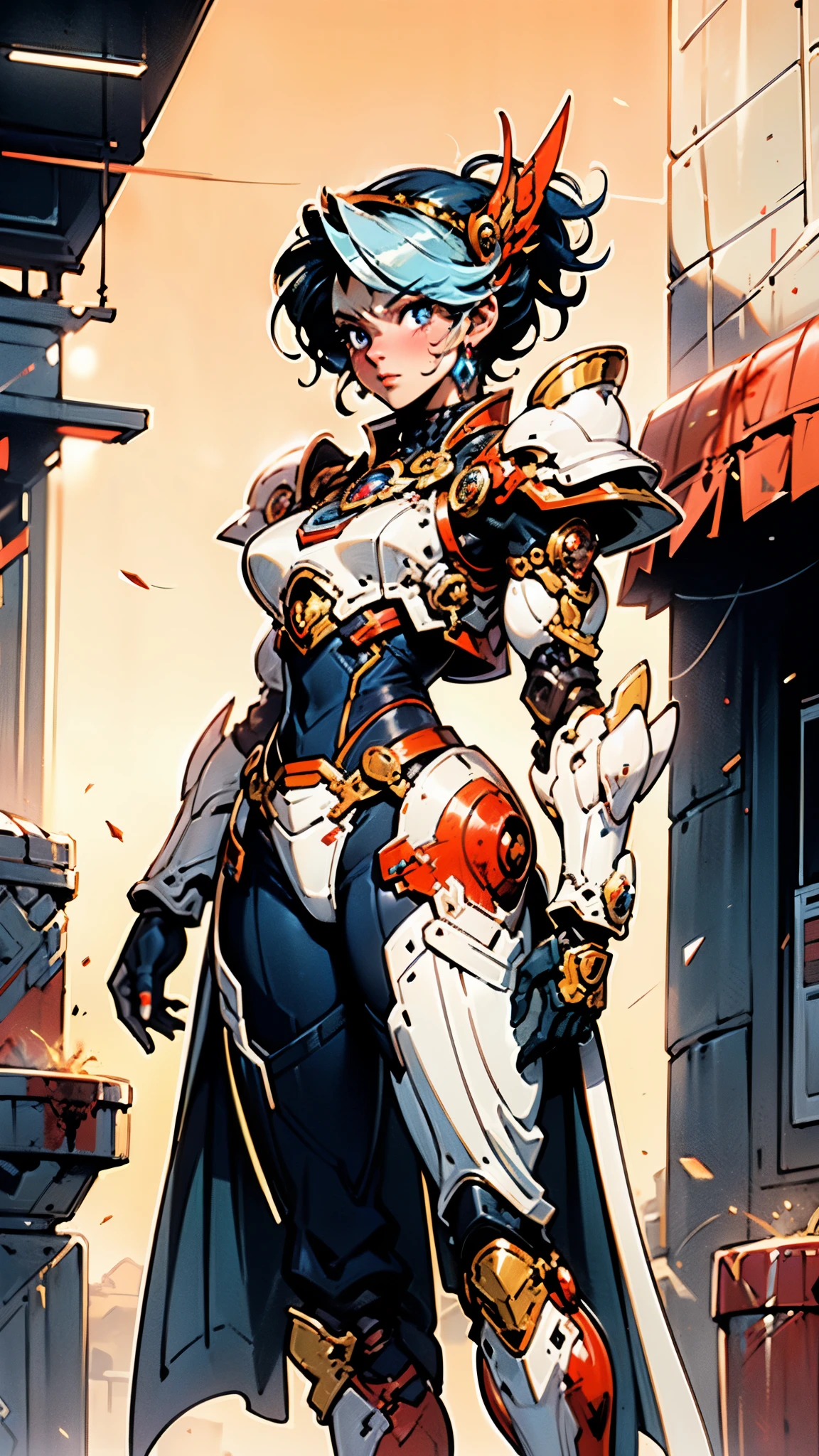 A woman adorned in fantasy-style full-body armor, a crown-concept fully enclosed helmet that unveils only her eyes, a composite layered chest plate, fully encompassing shoulder and hand guards, a lightweight waist armor, form-fitting shin guards, the overall design is heavy-duty yet flexible, ((the armor gleams with a golden glow, complemented by red and blue accents)), exhibiting a noble aura, she floats above a fantasy-surreal high-tech city, this character embodies a finely crafted fantasy-surreal style armored hero in anime style, exquisite and mature manga art style, (Queen bee mixed with Spider concept Armor, plasma, blood), ((Element, energy, elegant, goddess, femminine:1.5)), metallic, high definition, best quality, highres, ultra-detailed, ultra-fine painting, extremely delicate, professional, anatomically correct, symmetrical face, extremely detailed eyes and face, high quality eyes, creativity, RAW photo, UHD, 32k, Natural light, cinematic lighting, masterpiece-anatomy-perfect, masterpiece:1.5