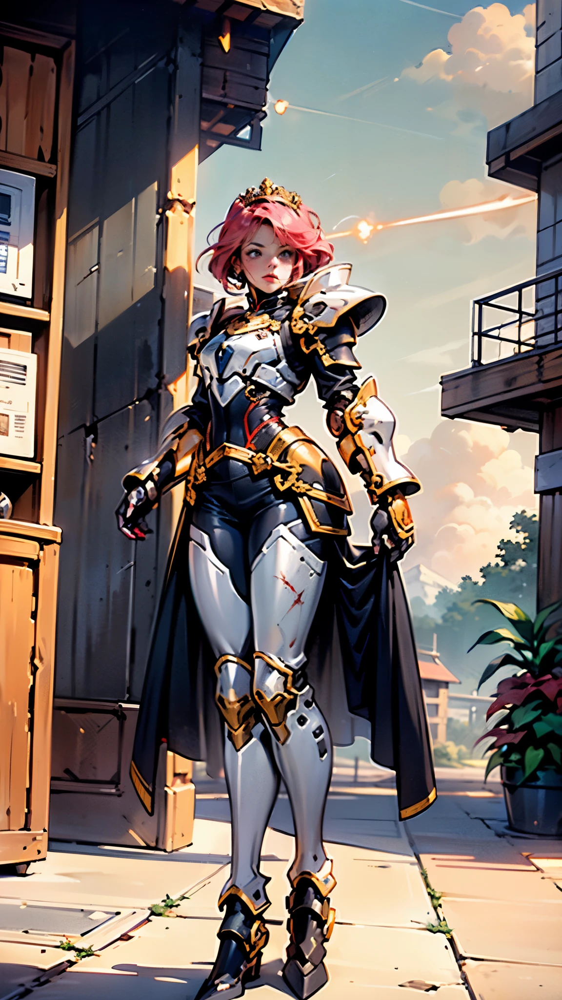 A woman adorned in fantasy-style full-body armor, a crown-concept fully enclosed helmet that unveils only her eyes, a composite layered chest plate, fully encompassing shoulder and hand guards, a lightweight waist armor, form-fitting shin guards, the overall design is heavy-duty yet flexible, ((the armor gleams with a golden glow, complemented by red and blue accents)), exhibiting a noble aura, she floats above a fantasy-surreal high-tech city, this character embodies a finely crafted fantasy-surreal style armored hero in anime style, exquisite and mature manga art style, (Queen bee mixed with Spider concept Armor, plasma, blood), ((Element, energy, elegant, goddess, femminine:1.5)), metallic, high definition, best quality, highres, ultra-detailed, ultra-fine painting, extremely delicate, professional, anatomically correct, symmetrical face, extremely detailed eyes and face, high quality eyes, creativity, RAW photo, UHD, 32k, Natural light, cinematic lighting, masterpiece-anatomy-perfect, masterpiece:1.5
