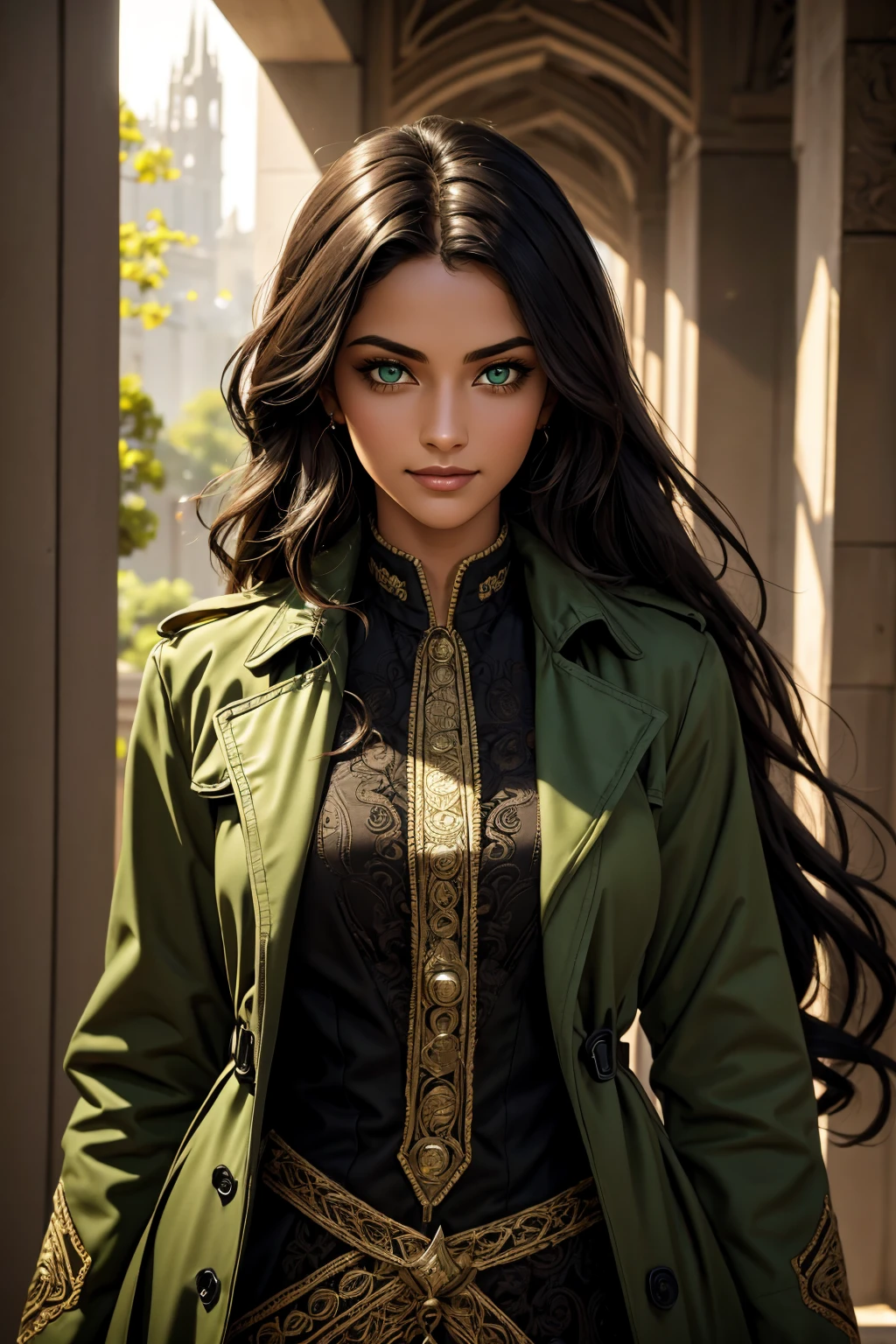 A stunning Indian beauty, with bright green eyes, with dark brown-black long wavy long hair, with mesmerizing feature with a Hopeful smiling expression, finely detailed eyes, happy mood masterpiece, top quality, best quality, official art, beautiful and aesthetic:1.2), (1girl), extreme detailed,(fractal art:1.3), colorful, highest detailed, (masterpiece, best quality:1.3) 1 bright-green-eyed woman, professional digital painting, Unreal Engine 5. Wearing a black-buttoned-up-military-trench coat.
