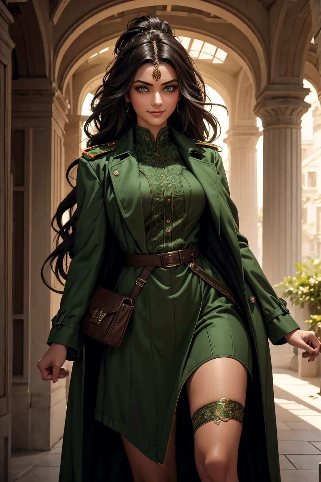 A stunning Indian beauty, with bright green eyes, with dark brown-black long wavy long hair, with mesmerizing feature with a Hopeful smiling expression, finely detailed eyes, happy mood masterpiece, top quality, best quality, official art, beautiful and aesthetic:1.2), (1girl), extreme detailed,(fractal art:1.3), colorful, highest detailed, (masterpiece, best quality:1.3) 1 bright-green-eyed woman, professional digital painting, Unreal Engine 5. Wearing a black-buttoned-up-military-trench coat.
