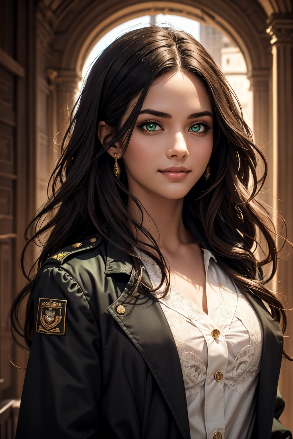 A stunning Indian beauty, with bright green eyes, with dark brown-black long wavy long hair, with mesmerizing feature with a Hopeful smiling expression, finely detailed eyes, happy mood masterpiece, top quality, best quality, official art, beautiful and aesthetic:1.2), (1girl), extreme detailed,(fractal art:1.3), colorful, highest detailed, (masterpiece, best quality:1.3) 1 bright-green-eyed woman, professional digital painting, Unreal Engine 5. Wearing a black-buttoned-up-military-trench coat.
